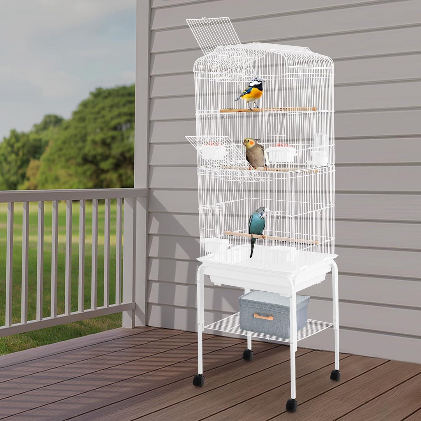 Extra Large Bird Cage, 54" Rolling Breeding Flight Bird Cages w/ 360° Wheels, Open Play Top Bird Cage with Detechable Stand for Parrots, Caiques, Macaw (White)