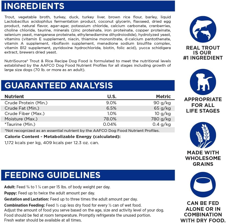 NutriSource Trout & Rice Recipe Dog Food, Premium Wet Dog Food, 12.3 Ounce (Pack of 12)