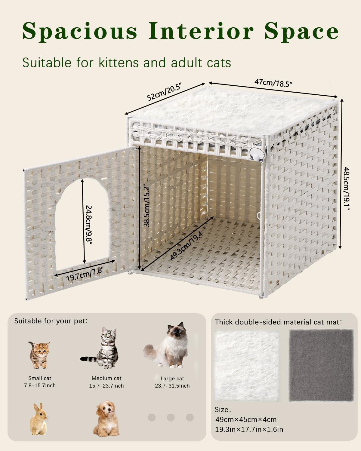 Cat Beds for Indoor Cats Extra Large Double Cat Cave Pet Cube, Handwoven Rattan Cat Houses with Double-Sided Soft Cushions, 18.5 x 20.5 x 19.1 Inches Foldable Hideaway in Living Room White