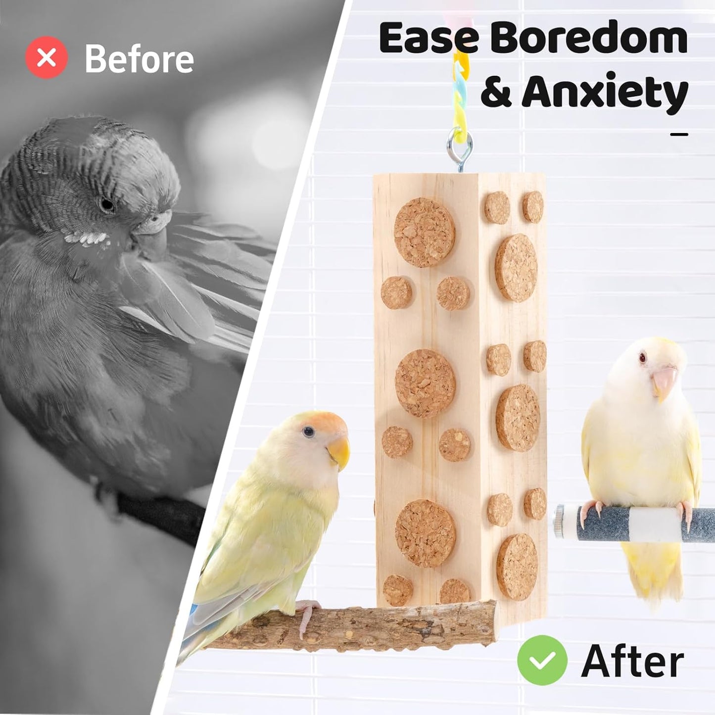 2 Pcs Wooden Bird Chew Toys - 7.9 Inch Hanging Parrot Toys, with 92 Detachable Corks, Relieve Boredom & Anxiety, Foraging Toys, for Parakeet, Cockatiel, Conure, Budgie, Lovebird, African Grey Parrot