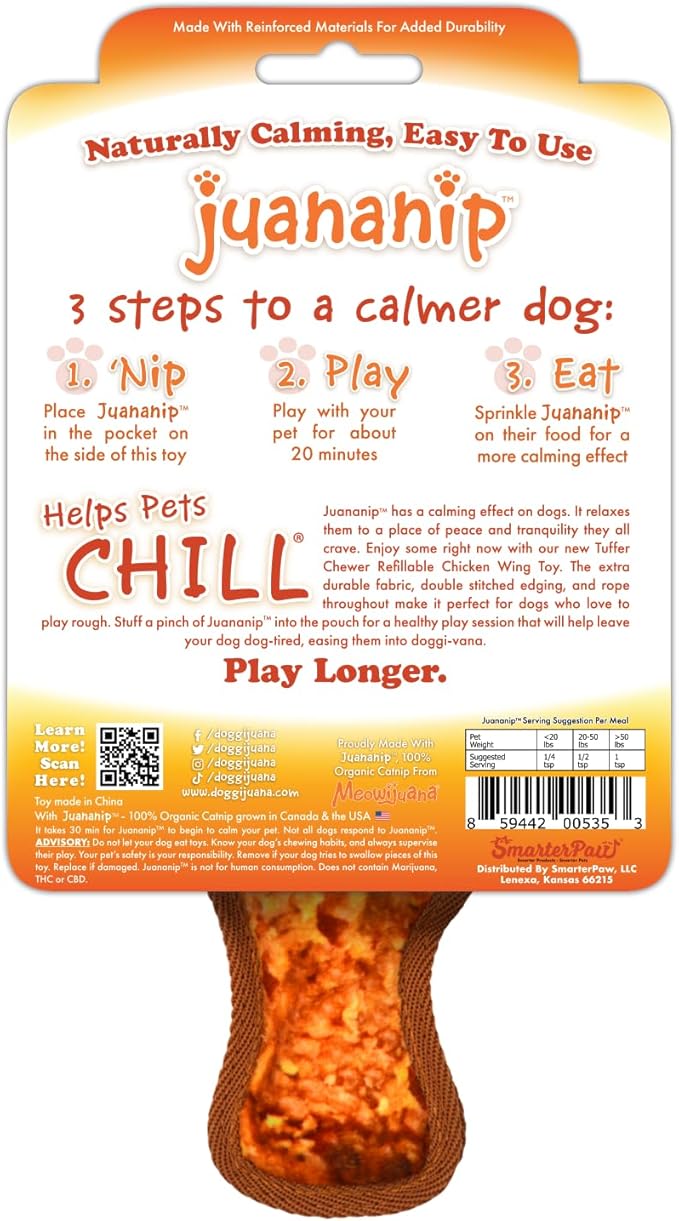 Doggijuana Tuffer Chewer Mini Plush Dog Toy | Funny Dog Toy Plush with Juananip Catnip for Dogs | Calming Aid for Dogs | Interactive Squeaky Chew Toy for Play (Chicken Wing)