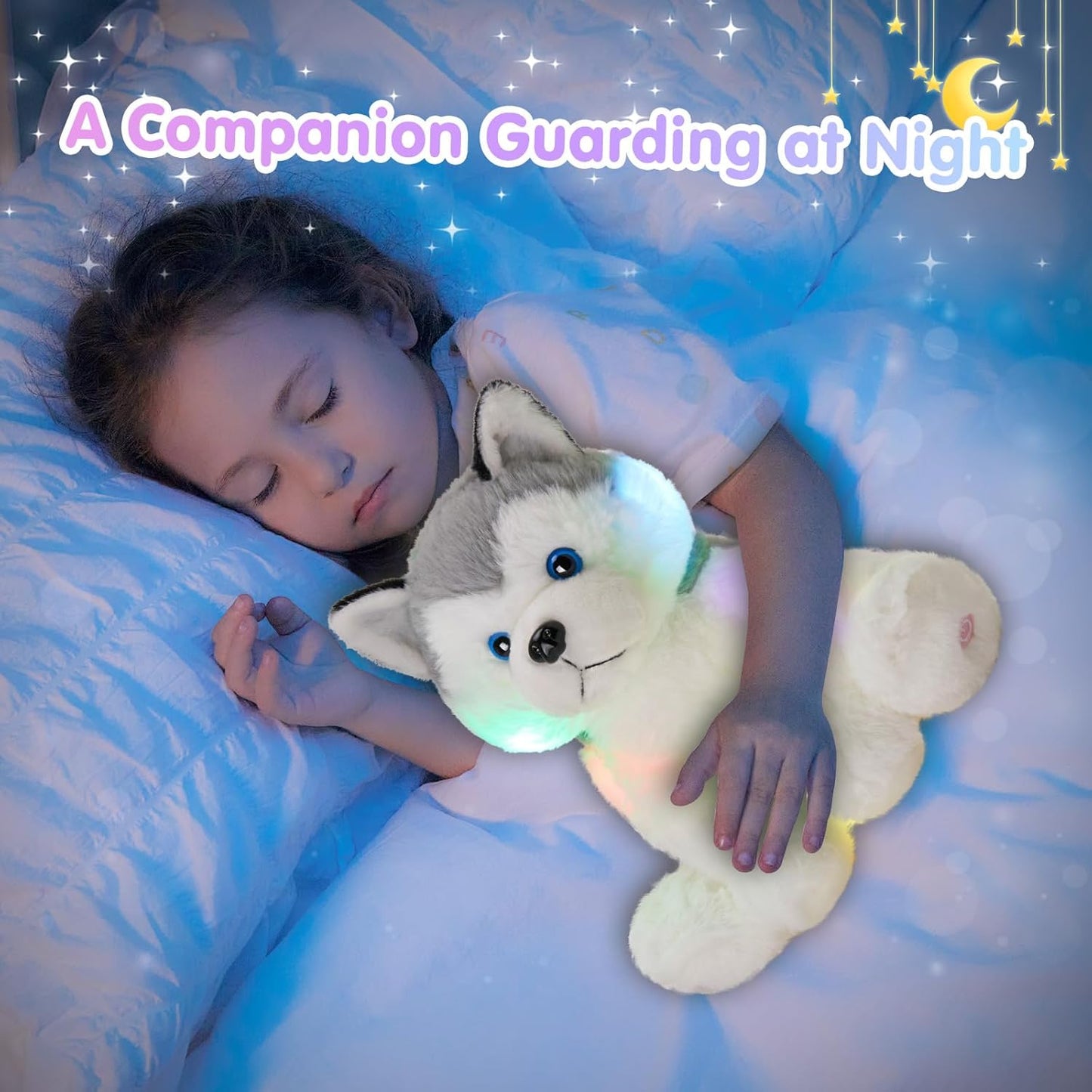 Houwsbaby 12'' Gray Light up Husky Stuffed Animal Dog Floppy LED Plush Toy Puppy Night Lights Glow Pillow Birthday Festival for Kids Toddler Girls