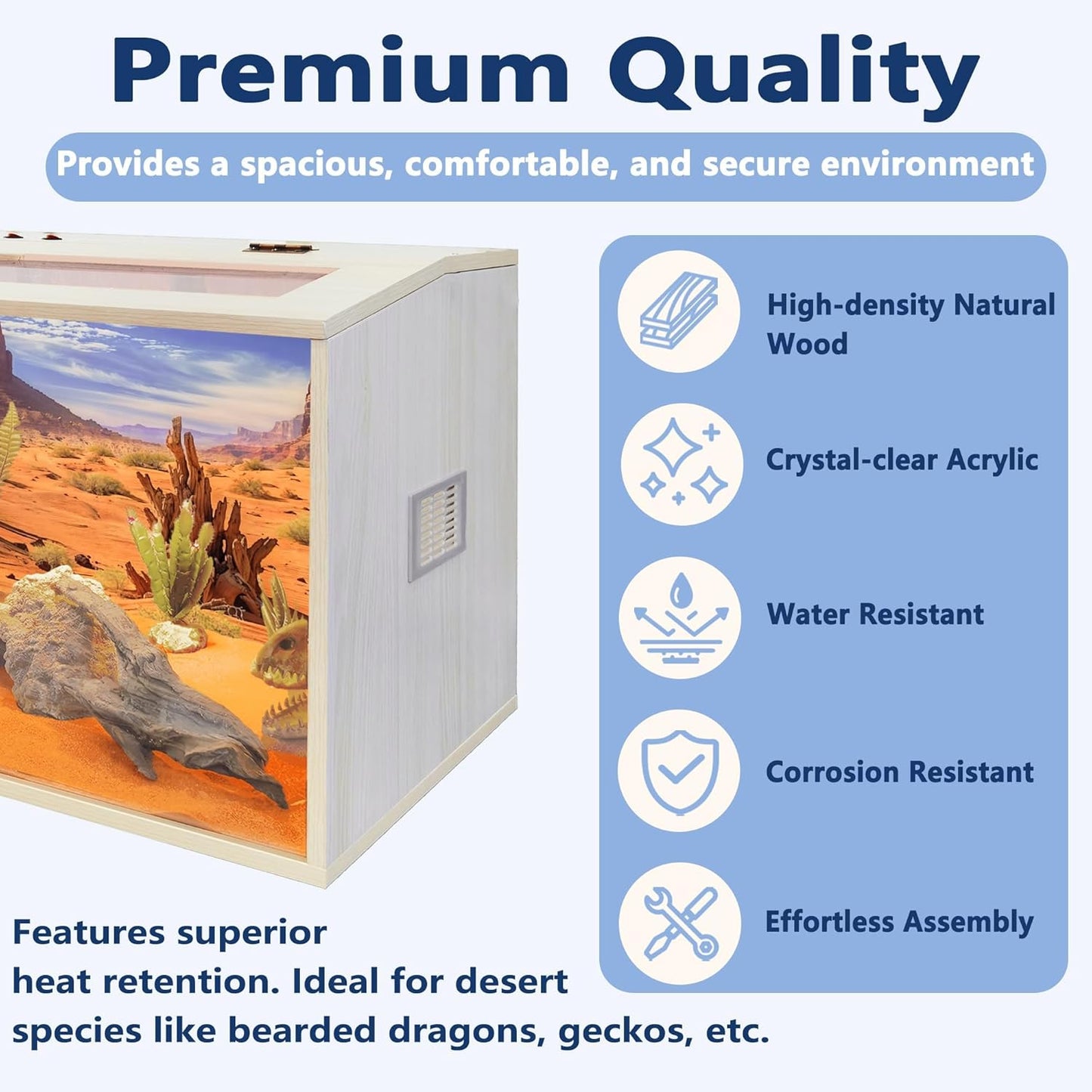 Prolee Reptile Terrarium, Lizard Tank Up to 68 Gallons, Bearded Dragon Tank with Roof Door, Snake Tank with Built-in Lamp Fixture and Switch (78 Gallon, 48" Long, Openable Wood Roof)