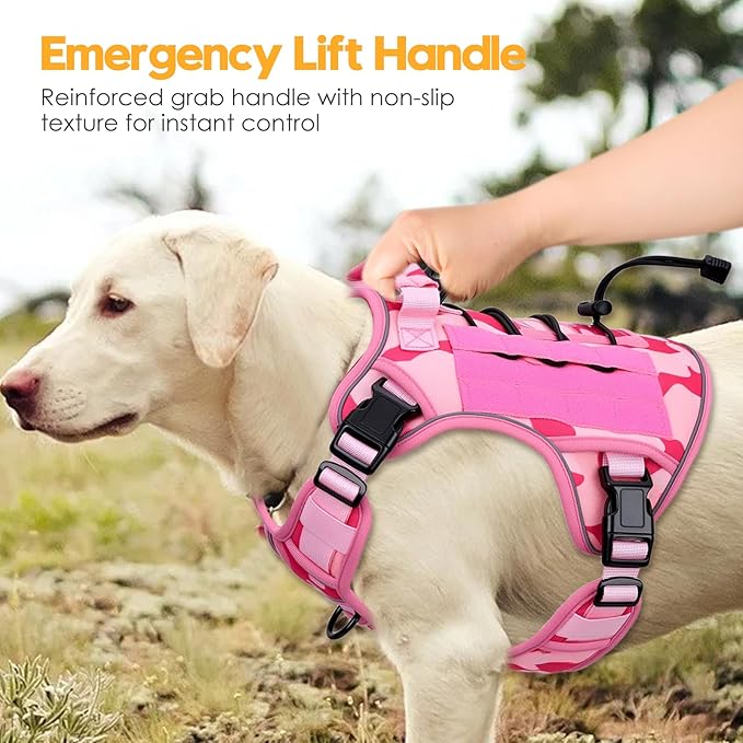 Heavy-Duty Tactical Dog Harness for Large Dogs, No Pull Adjustable Reflective Pet Vest with Molle System, K9 Military-Grade Control for Service Training, Outdoor & 10+ Breeds, Pink Camo, Large