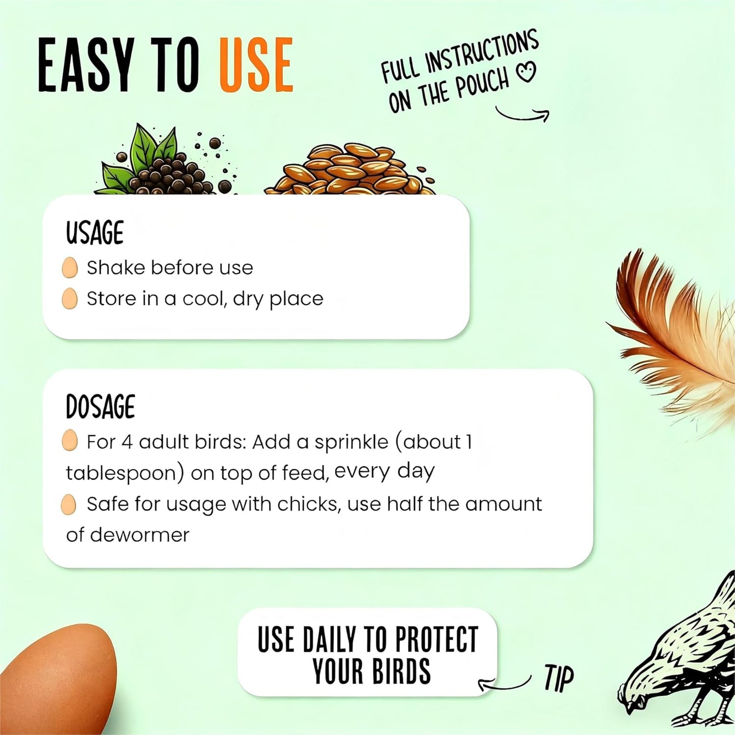 Natural Chicken Dewormer Powder - Chili Flavor | All-Natural Poultry Worm Treatment for Hens & Birds | Easy-Mix Feed Supplement | Safe for Eggs | No Withdrawal (1LB Pouch)