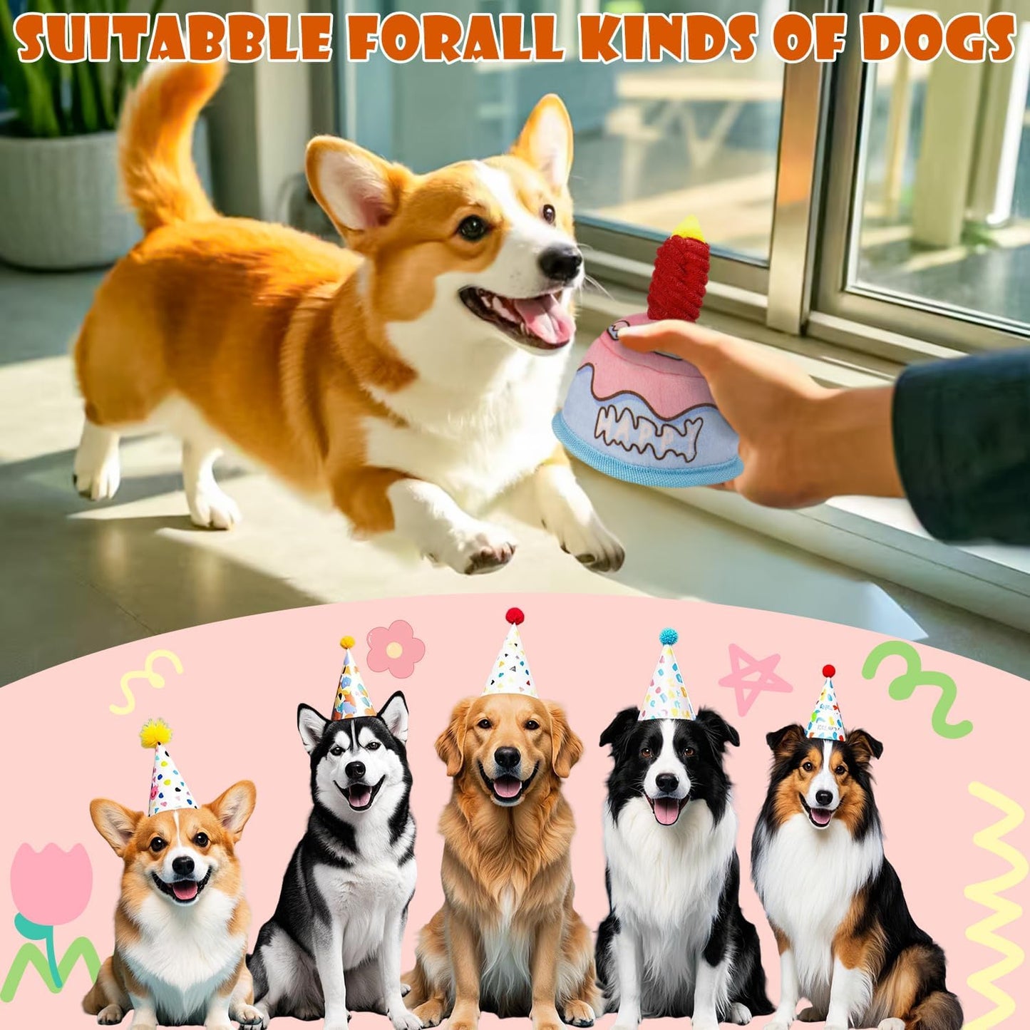 Dog Birthday Toy,No Stuffing Dog Toys for Puppy, Squeaky Plush Dog Toys for Large, Medium and Small Breeds, Balls Inside,Suitable Size Interactive Dog Toy for Indoor Outdoor Play