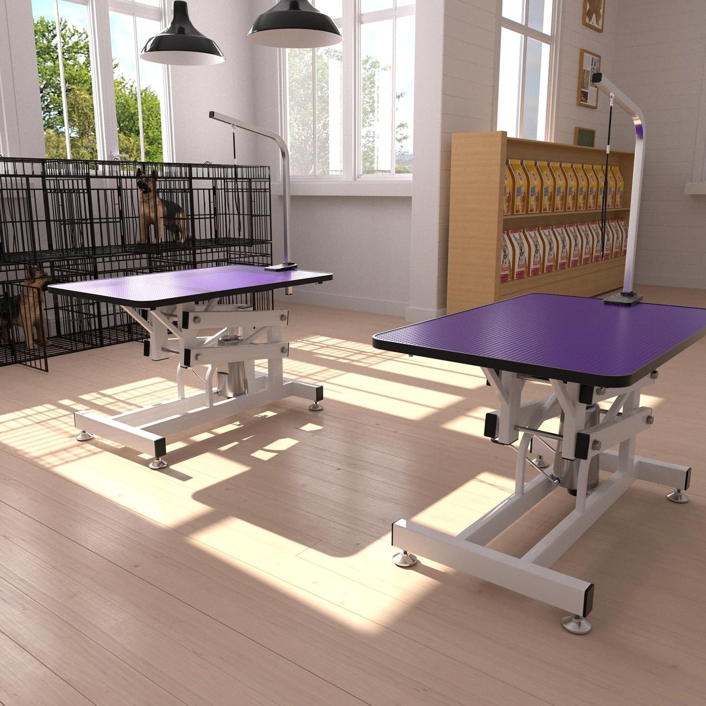 Hydraulic Dog Pet Grooming Table, 42 Inch Heavy Duty Z Lift Structure Professional Dog Grooming Table Suitable for Large Dogs at Home with Adjustable Arms, Clamps and 2 Grooming Noose, Purple