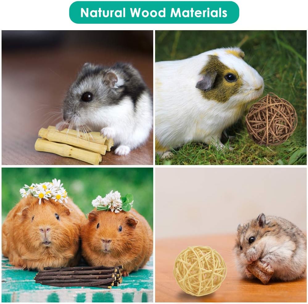 ERKOON New 12 Pack Hamster Chew Toys Gerbil Rat Guinea Pig Chinchilla Chew Toys Accessories, Natural Wooden Dumbbells Exercise Bell Roller Teeth Care Molar Toy for Rabbits Bird Rabbits Hamster Gerbil