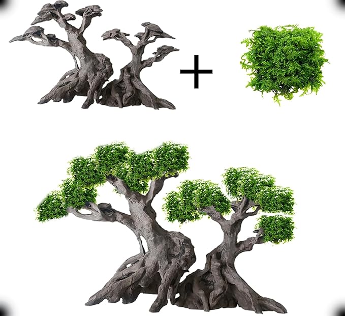 Novelsite Fish Tank Decor- Bonsai Trees with Faux Moss- Aquarium Rocks Aquascaping- Made of Sandstone, Goldfish Betta Fish Tank Decorations Hides Accessories
