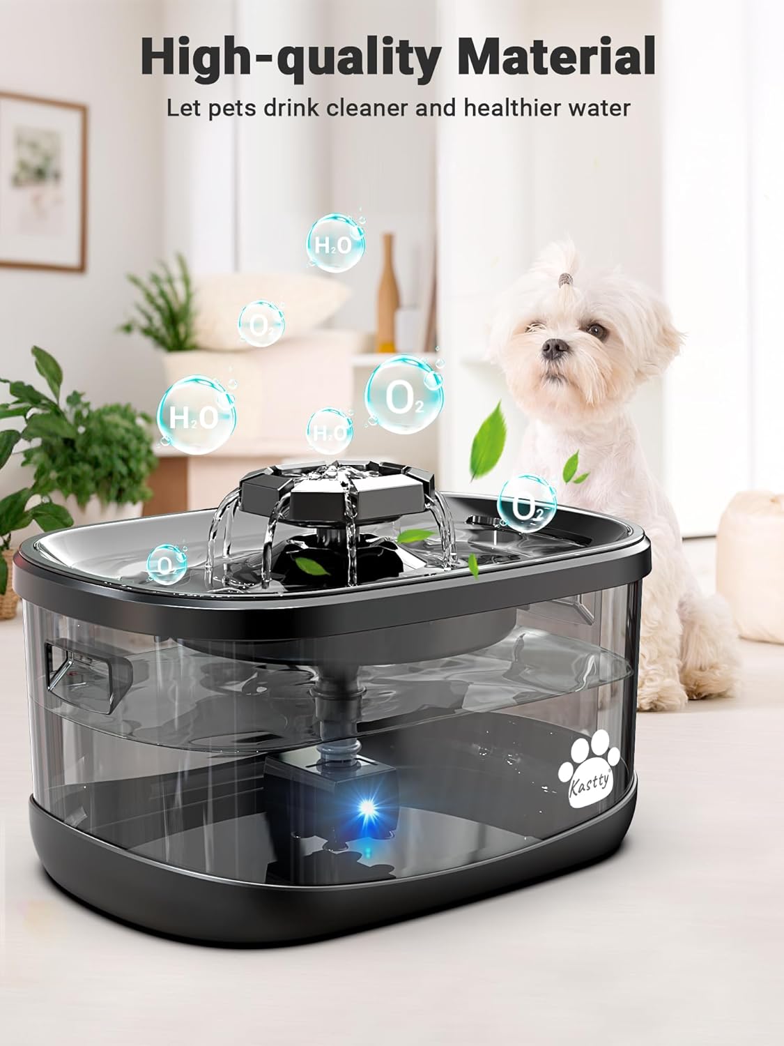 Kastty 2.5Gal/9.5L Dog Water Fountain 3 Flow Modes Cat Fountain with 2 Flower Spouts& 7" Larger Filter Super Filtration& Smart 3 in 1 LED Safe Pump, BPA-Free, Quiet for Large Dogs& Multi Pets(FS68)