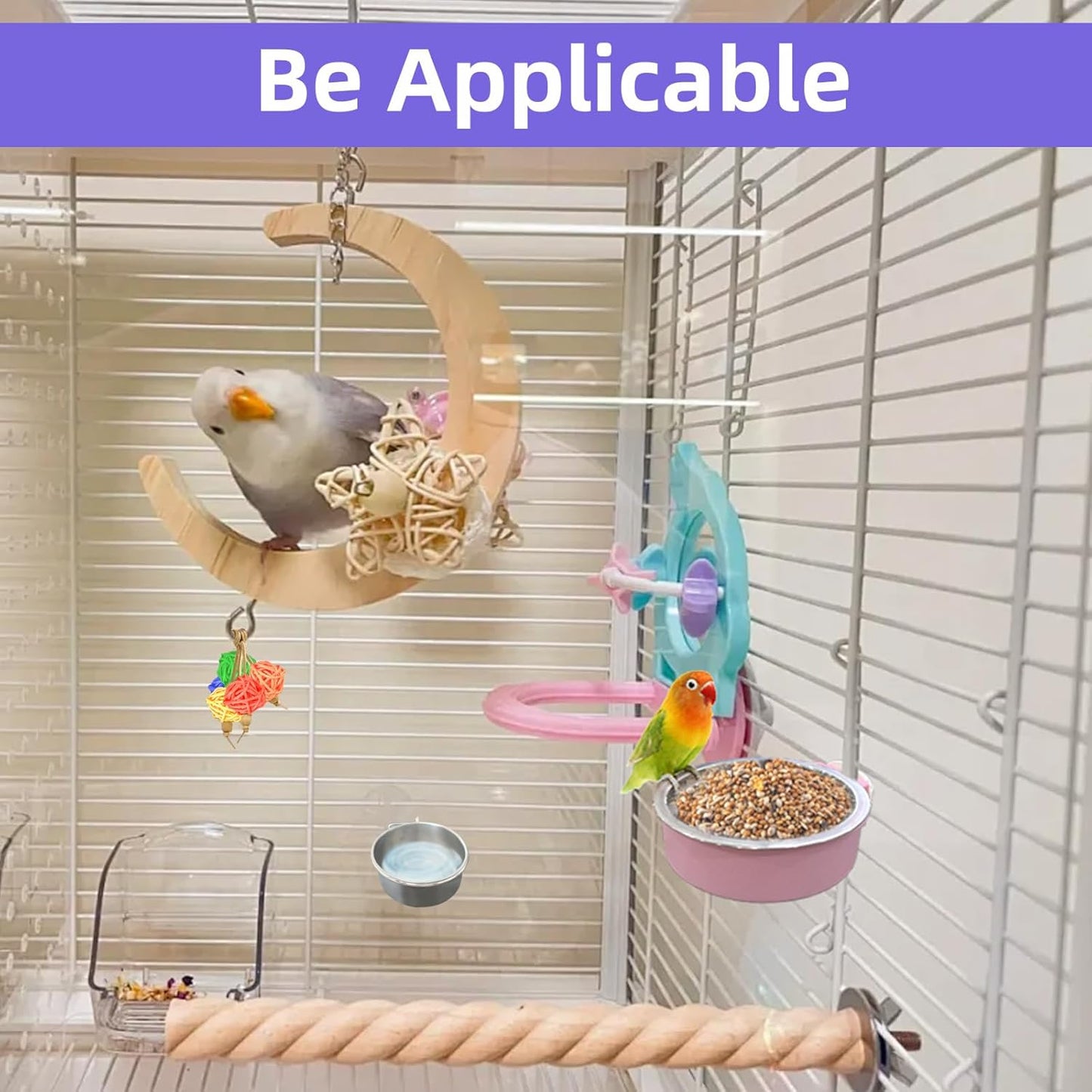 4 Pack Stainless Steel Bird Feeding Dish Cups with 5pcs Colorful Spoon and 5pcs Rattan Ball,for Chinchilla, Parrot, Cockatiel, Conure, Budgies, Hamster, Small Animal