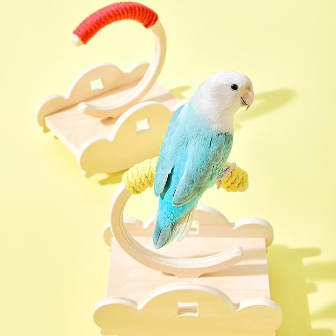 Wooden Bird Perch Stand with Cotton Rope - Enrichment Interactive Spinning Swing Perch for Cockatiels Conures Lovebirds Parrotlets Budgies - Yellow
