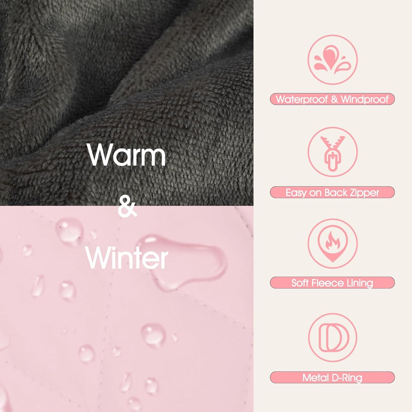 Dog Coat with Harness Built in -Pink,Large- Fleece Lined Dog Snow Jacket Snowsuit,Adjustable Reflective Winter Warm Cold Weather Coat