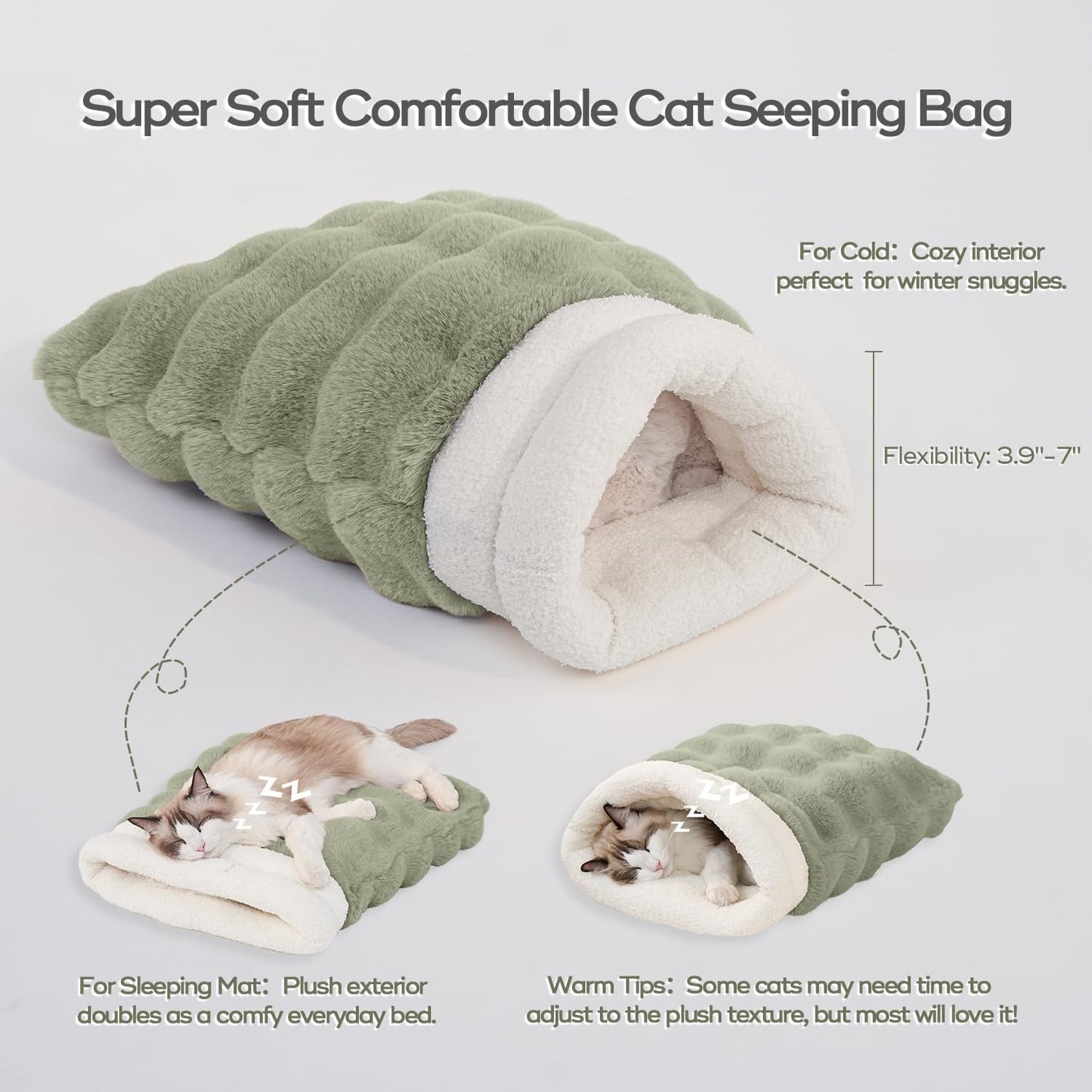 Cat Sleeping Bags for Indoor Cats Self Warming Cat Bed Fits up to 15 lbs Pets Soft Plush Warm Bed 360° Wrap Bag Washable Comfortable Pet Sleeping Bed 21" × 17" Green