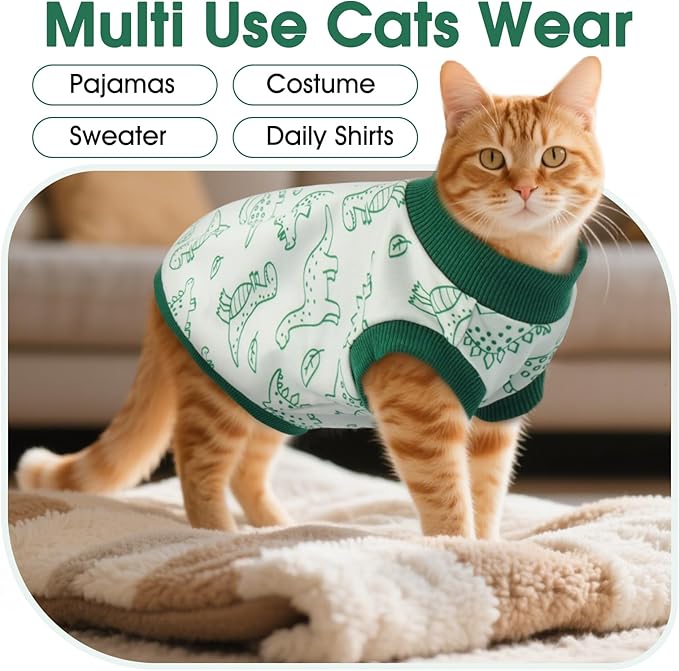 DENTRUN Sleeveless Cat Vest with Dinosaur Print, Breathable Ultra-Soft Dralon Fleece Cat Sweater, All-Season Pet Costume Apparel for Cats, Kitten Clothing for Indoor/Outdoor, Green, S