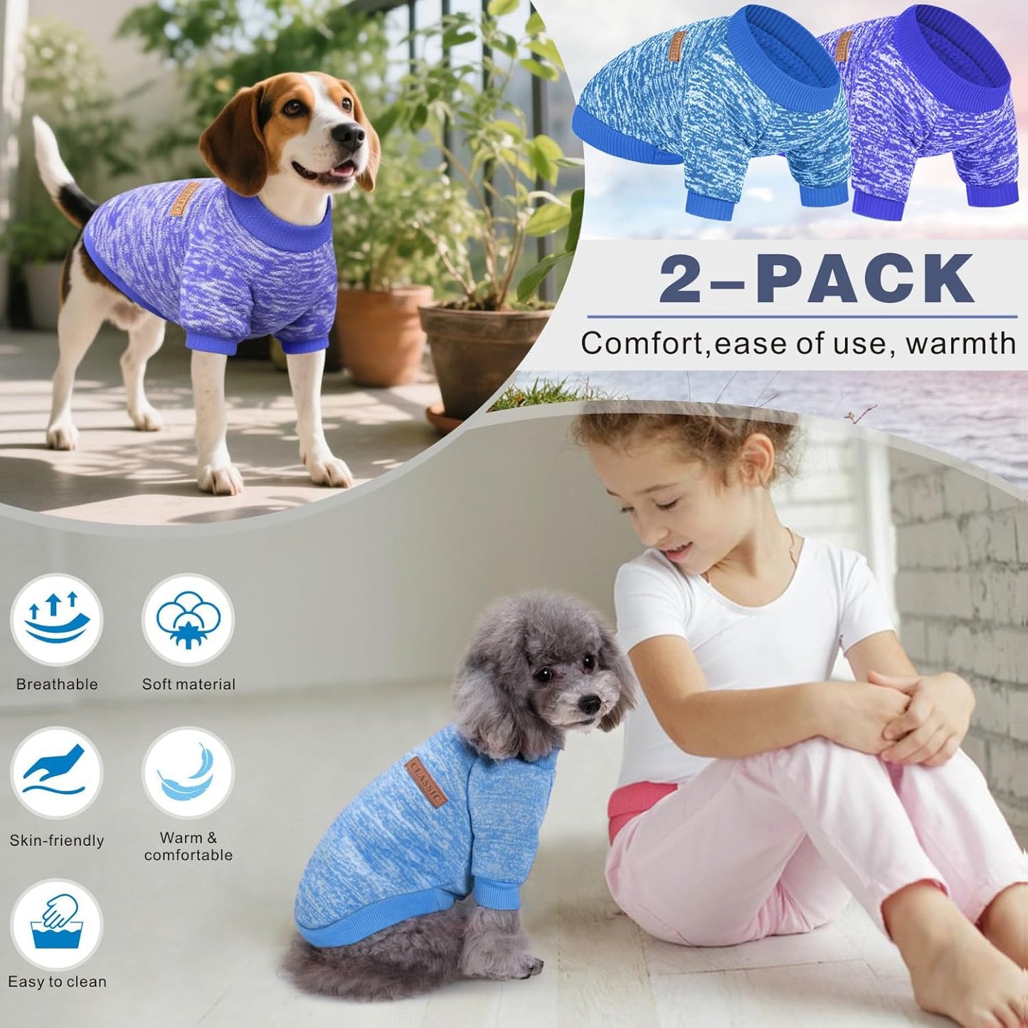 2 Pieces Pet Dog Classic Knitwear Sweater, Fleece Coat for Small,Medium Dogs,Warm Pet Dog Cat Clothes,Soft Puppy Customes for Chihuahua Yorkshire Tzu (Blue Dark Navy,XL)