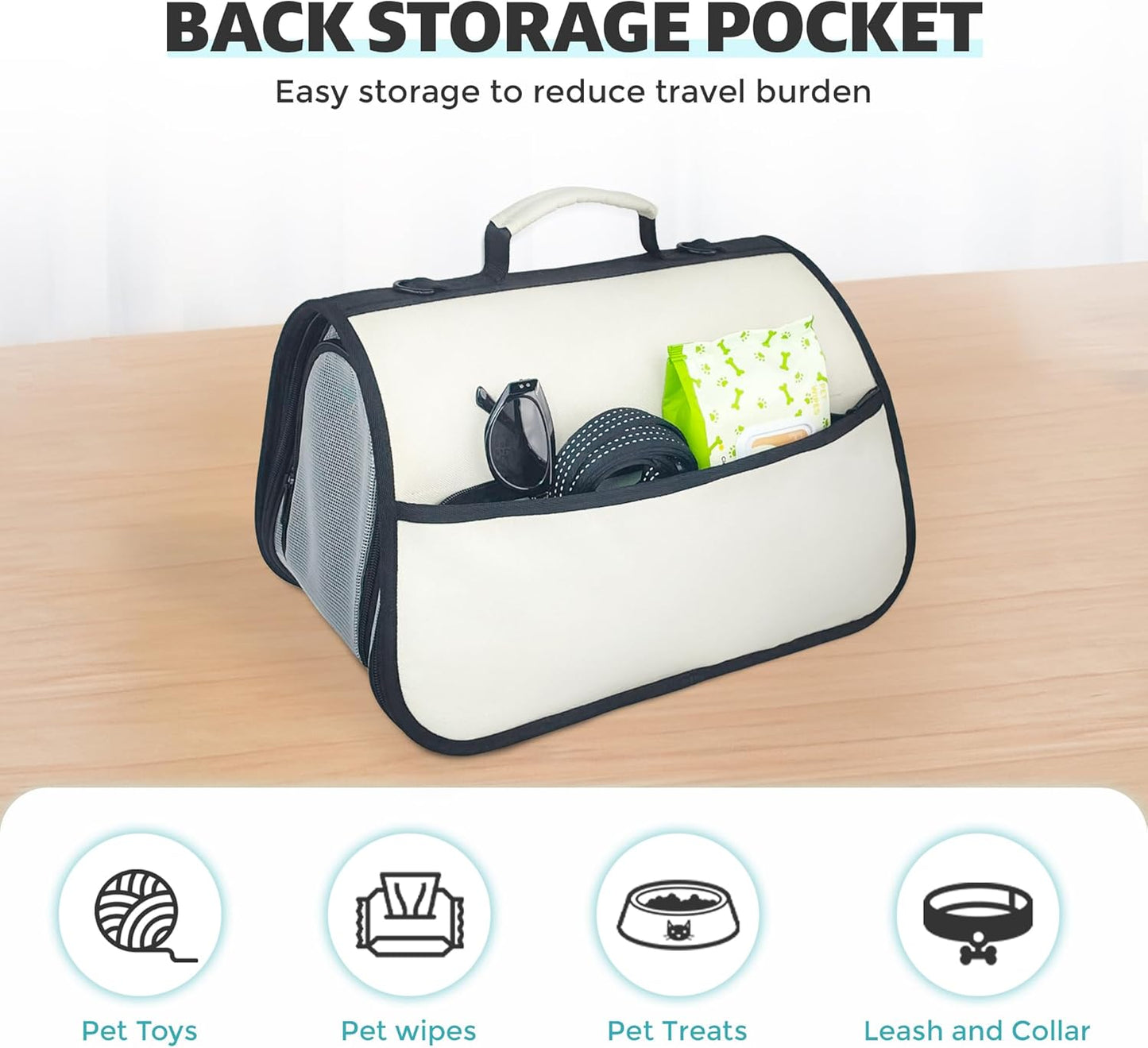 Cat Carrier Purses for Women, Airline Approved Pet Travel Bag for Cats, Kittens, Rabbits up to 10 lbs - Collapsible, Soft-Sided,16x10x10 in, Breathable Mesh with Kitty Pattern, Collar and Leash, Cream