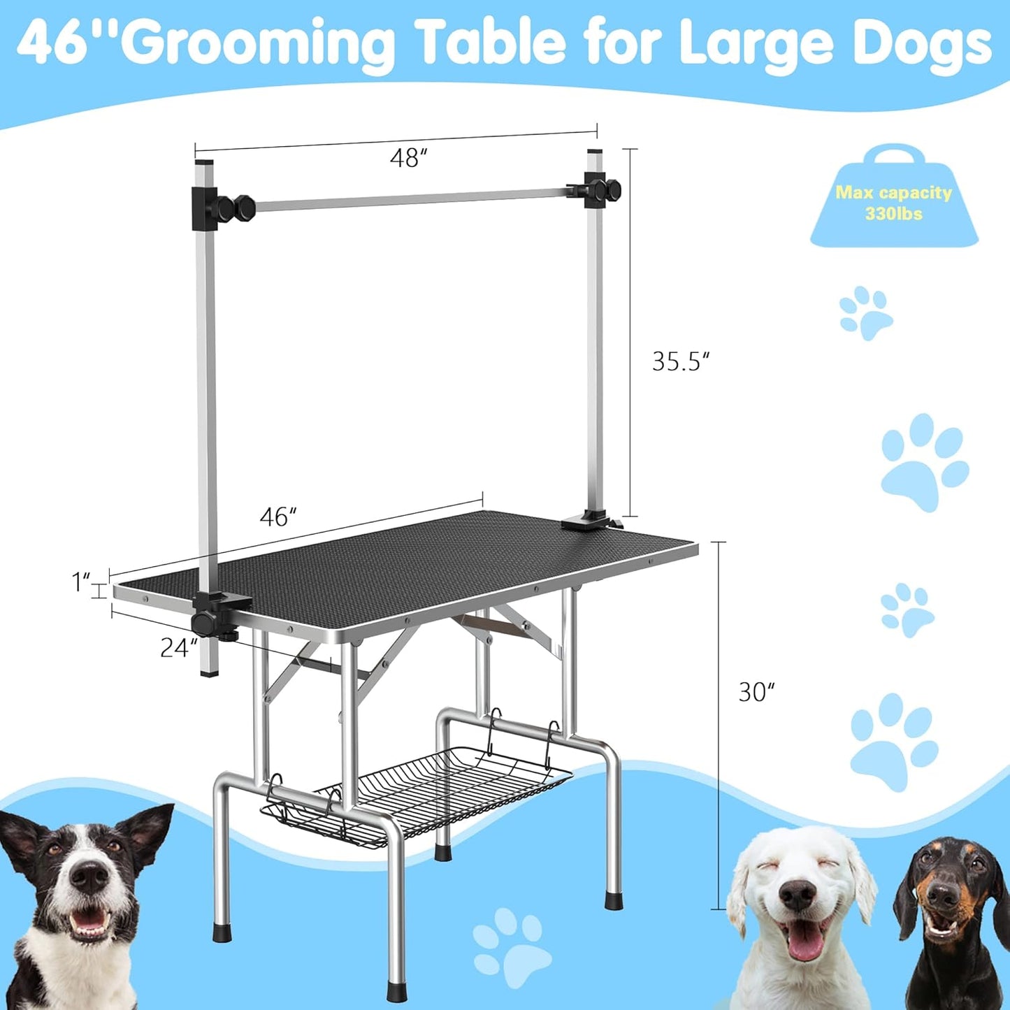 Lyromix 46''Large Dog Grooming Table, Adjustable Cat Drying Desktop with Arms, Nooses, Mesh Tray, Foldable Pet Station at Home, Maximum Capacity Up to 330Lb, 46inch, Black, 46in
