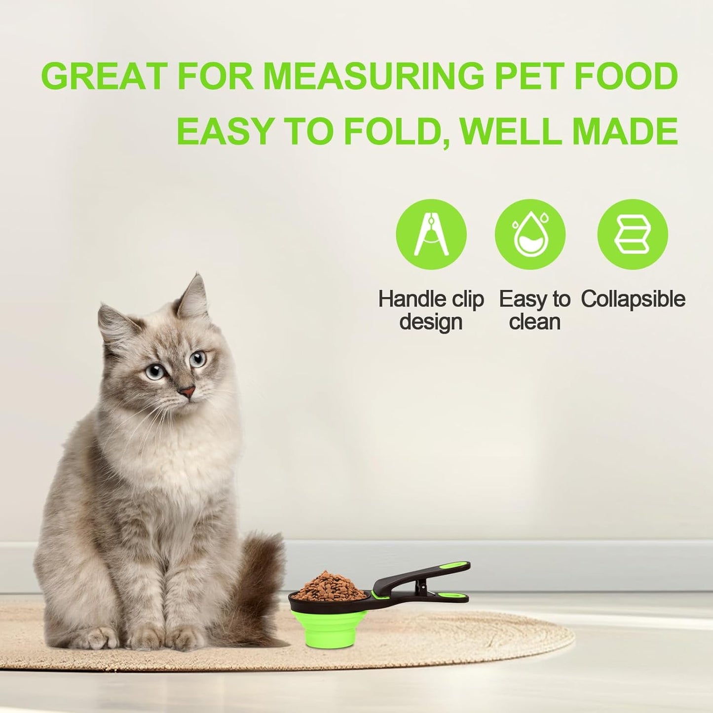 Collapsible Silicone Dog Food Scoop Foldable Pet Food Measuring Cup with Bag Clip 3 in 1 Multi-Function Silicone Dog Food Scooper (Green, Small)