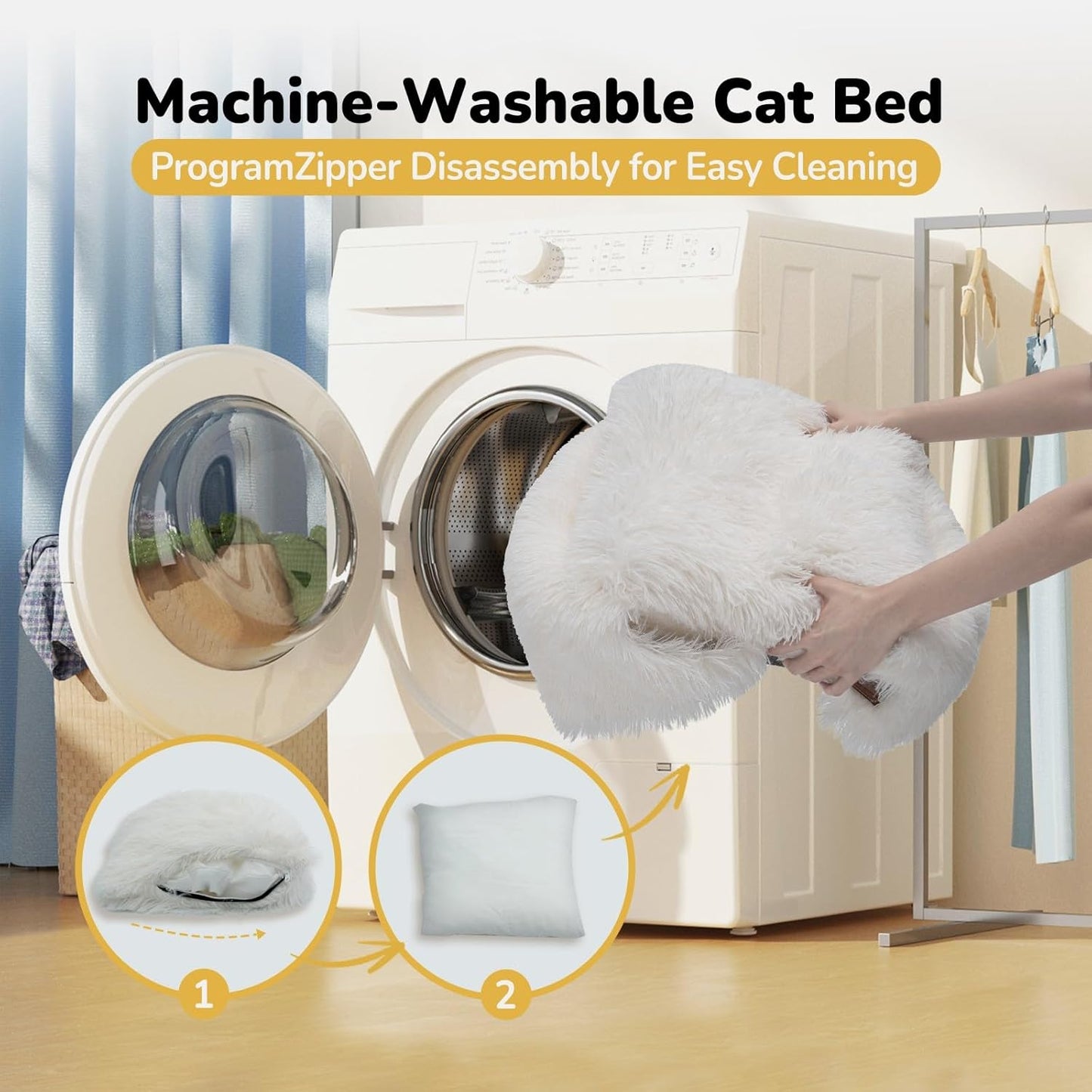 CATISM Cat Bed, Cat Cave for Indoor Cats, Soft Cat Dome, Self-Warming 2 in 1 Foldable Pet Cat House with Washable Cushioned Pillow Calming Fluffy Dog Beds for Small Dogs with Anti-Slip Bottom White