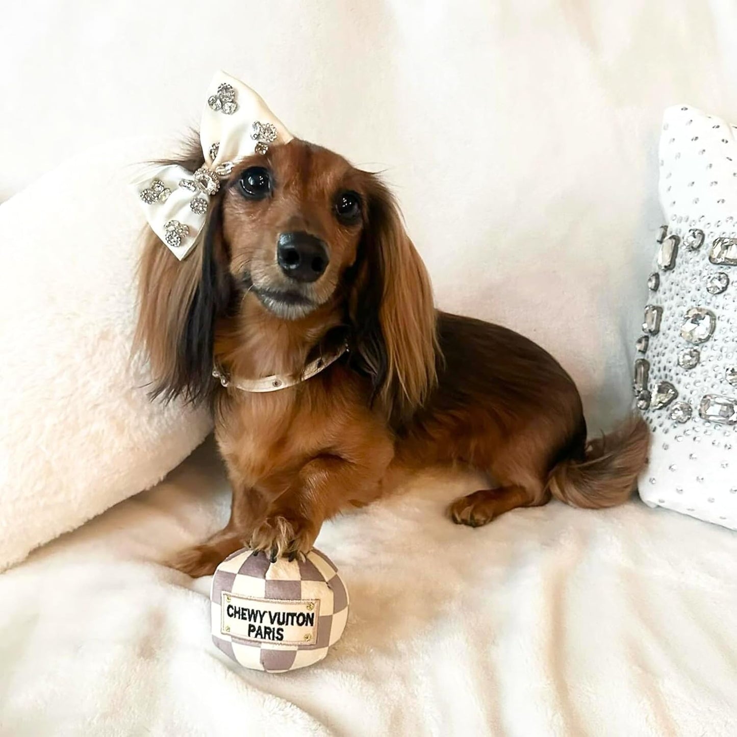 Haute Diggity Dog Checker Chewy Vuiton Ball, Plush Designer Dog Toys with Interactive Squeaker, Stimulating Pet Enrichment, Machine-Washable & Safe Materials for All Breeds, Size Small