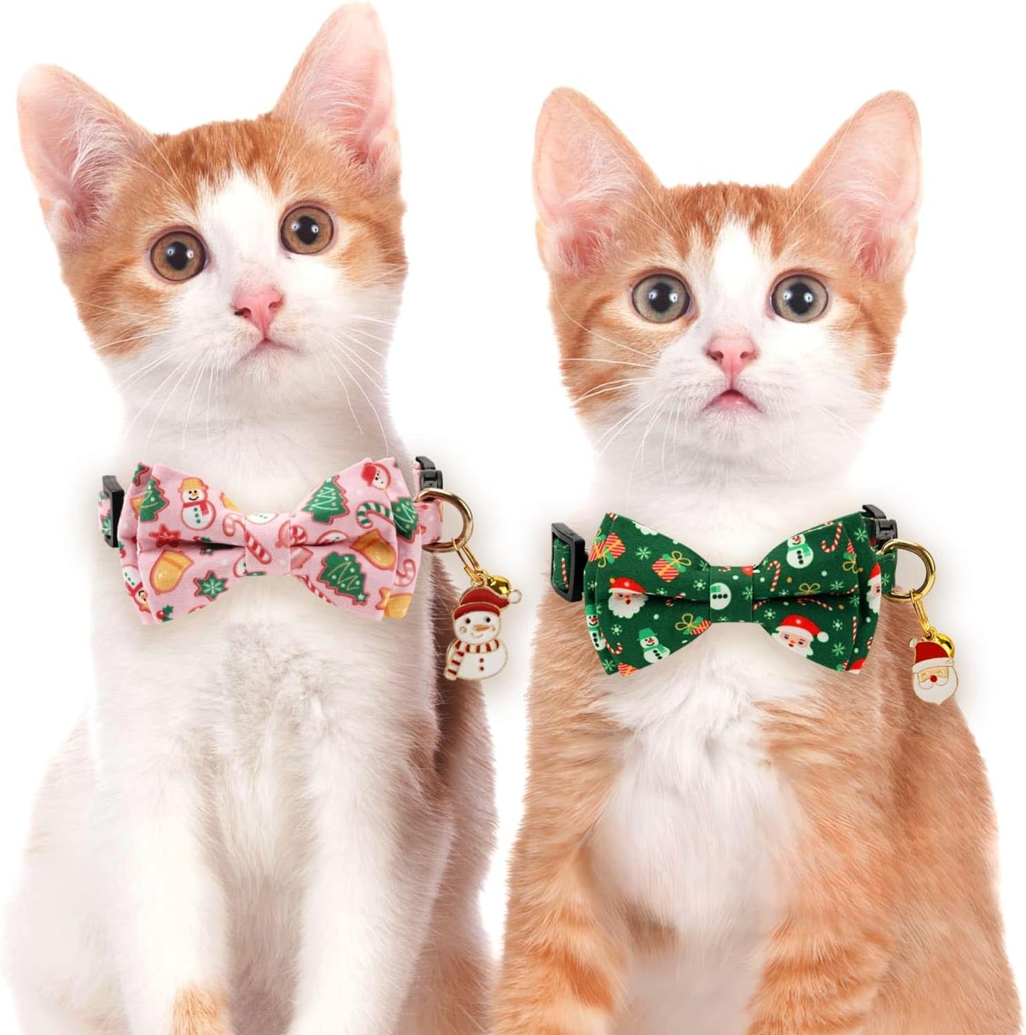 2 Pack Cotton Cat Collar with Bow Tie and Bell for Girl Boy Cats,Cute Green Santa Claus and Pink Snowman Pattern Christmas Breakaway Cat Collar for Male Female Cats (Santa Claus & Snowman)