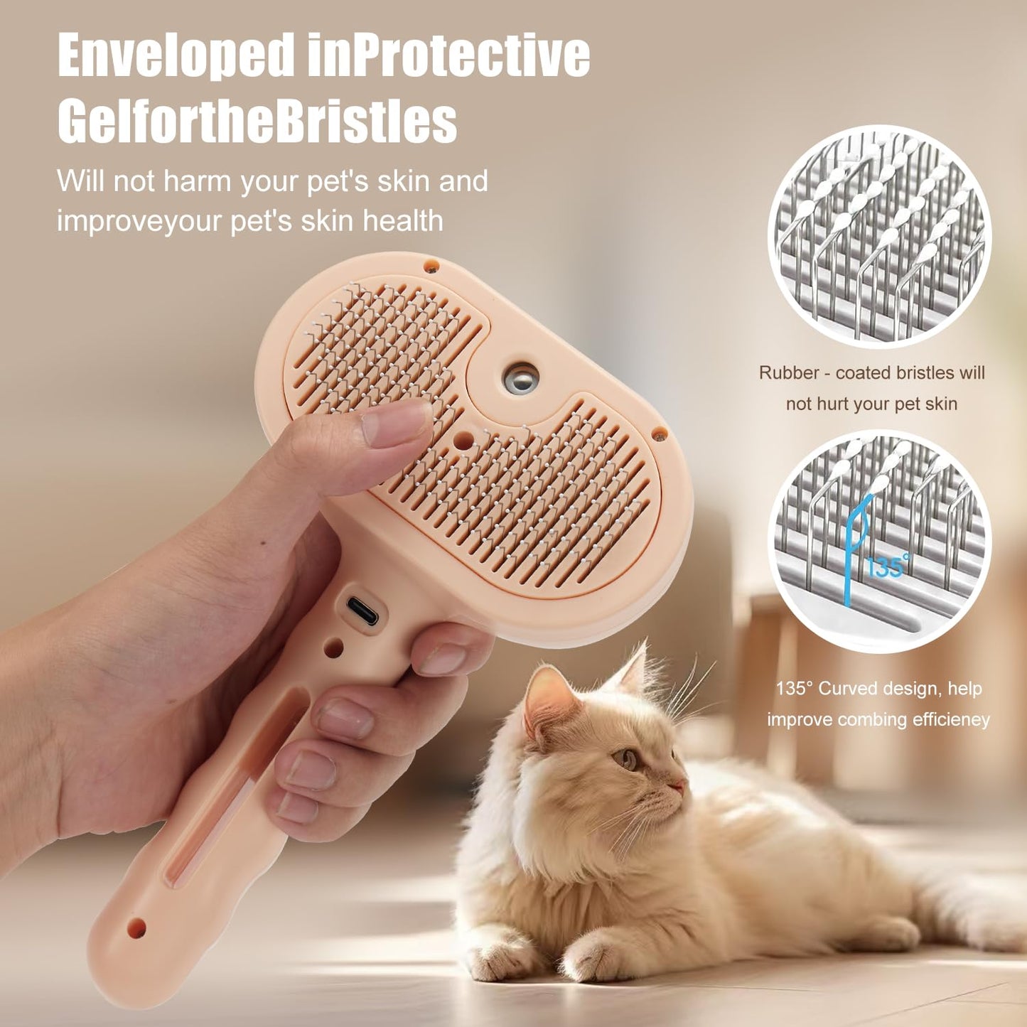3-in-1 Pet Steam Brush, Grooming Comb with Water Tank for Cats and Dogs, Long and Short Hair (Pink)