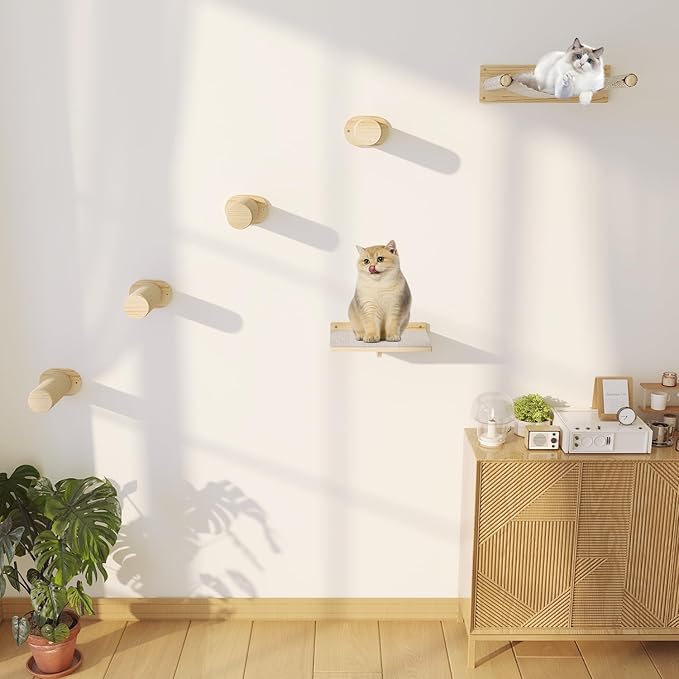 MeowHomm Cat Wall Shelves, Wooden Cat Wall Furniture Includes 4 Scratching Post Steps, Jumping Platform, Hammock for Kittens