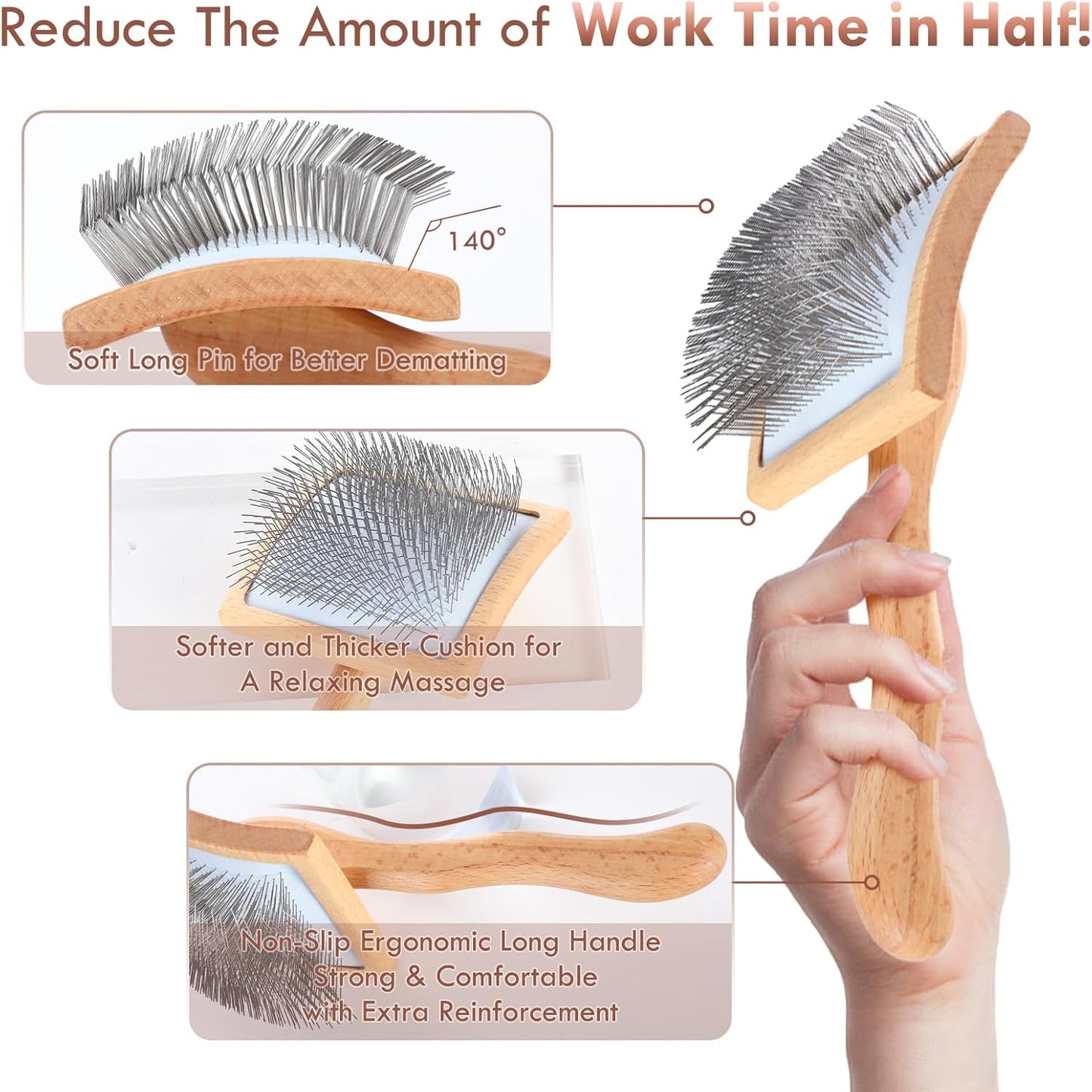 Large Dog Brush for Medium or Long Haired Dogs, Long Pin Slicker Brush for Removes Loose Hair, Tangles and Knots, Best Grooming Brush for Small Animals, Free Pet Comb, Wood