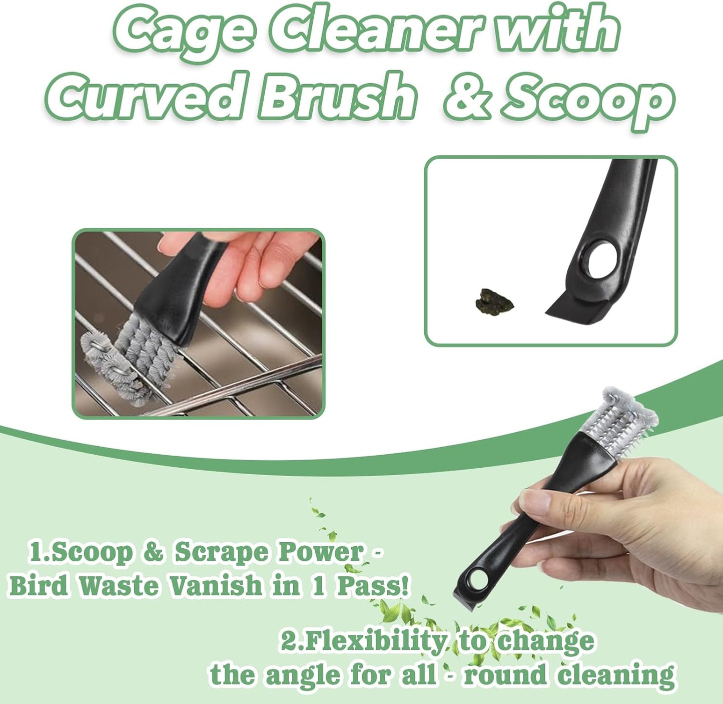 2 Pcs Bird Cage Cleaner Brush & Scoop with Long Handle and Curved Brush Head, 2-in-1 Bird Cage Cleaner with Front and Back Brushes for Kennel, and Parrot Perch Cleaning