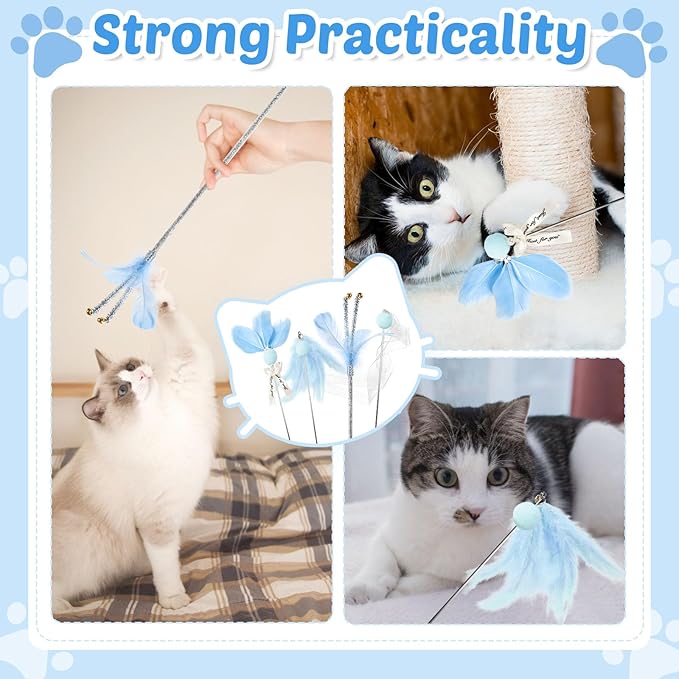 Interactive Cat Toys - 4-in-1 Cat Teaser Wand Toy and Feather Toys Refills for Indoor Cats to Chase and Exercise Design for Large and Small Cats