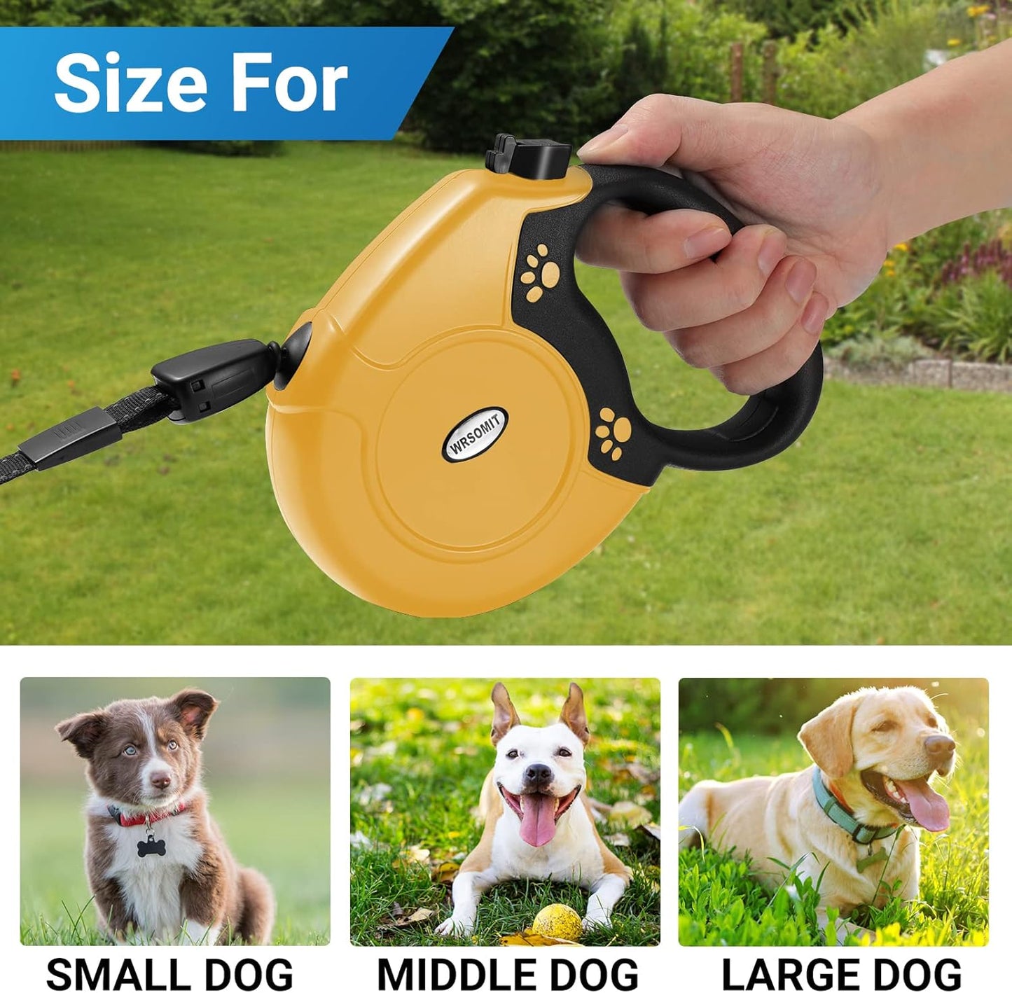 Retractable Dog Leash, 26 Ft Heavy Duty Pet Walking Leash for Small Medium Large Dogs up to 99lbs, Anti-Slip Handle, 360 ° No Tangle, Nylon Tape, One-Handed Brake (Yellow)
