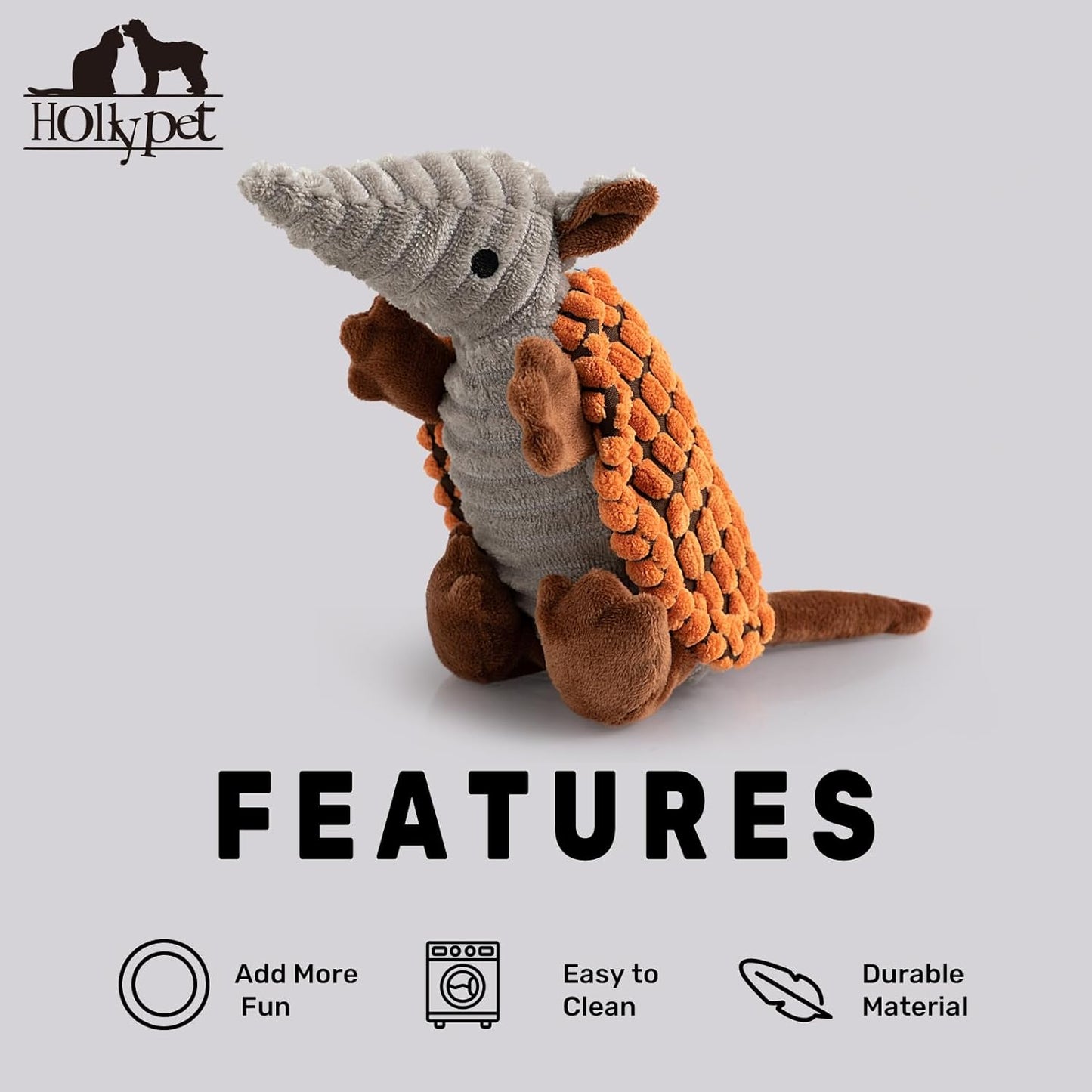 Hollypet Plush Dog Squeaky Toy Stuffed Armadillo Animal Pet Puppy Chew Toys with Clean Teeth for Small Medium Large All Breed Sizes Dogs, Tangerine, 8 in