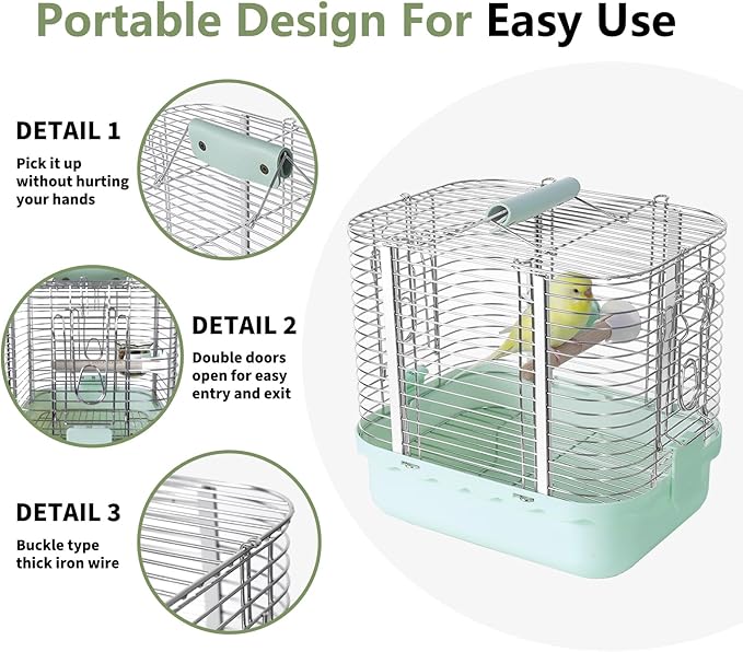 Bird Carrier Travel Cage, Durable Portable Stainless Steel Birdcage with Bird Perch & Feeding Bowl for Parrots Canaries Budgies Lovebirds Conures Cockatiels (Small Light Green)