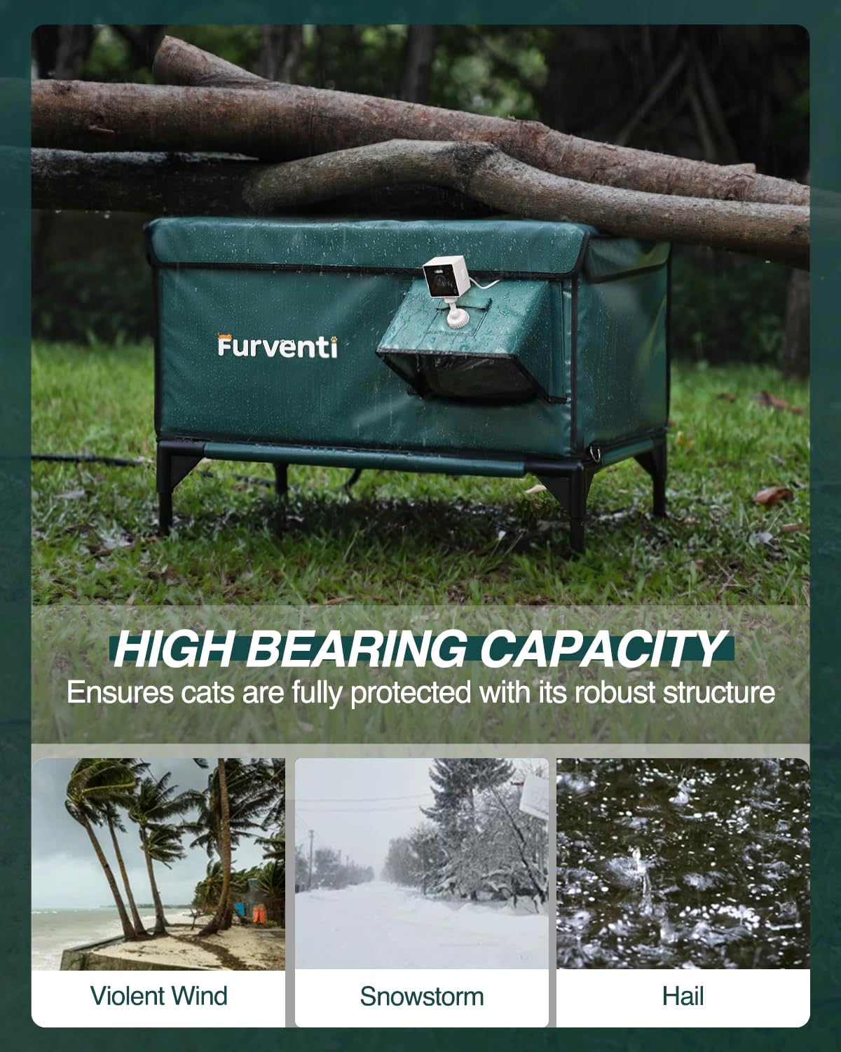 Outdoor Heated Cat House in Winter,Extremely Insulated & Weatherproof,Elevated Feral Cat Shelter with Waterproof Eaves & Escape Door for Outside Stray Barn Cat (Dark Green, L with Cam)