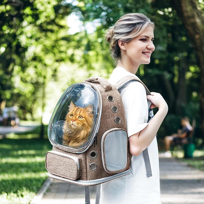 Cat Backpack Carrier with Bubble Window, Breathable & Foldable Pet Travel Carrier for Small Dogs and Cats, Airline-Approved for Hiking & Outdoor Use, Brown