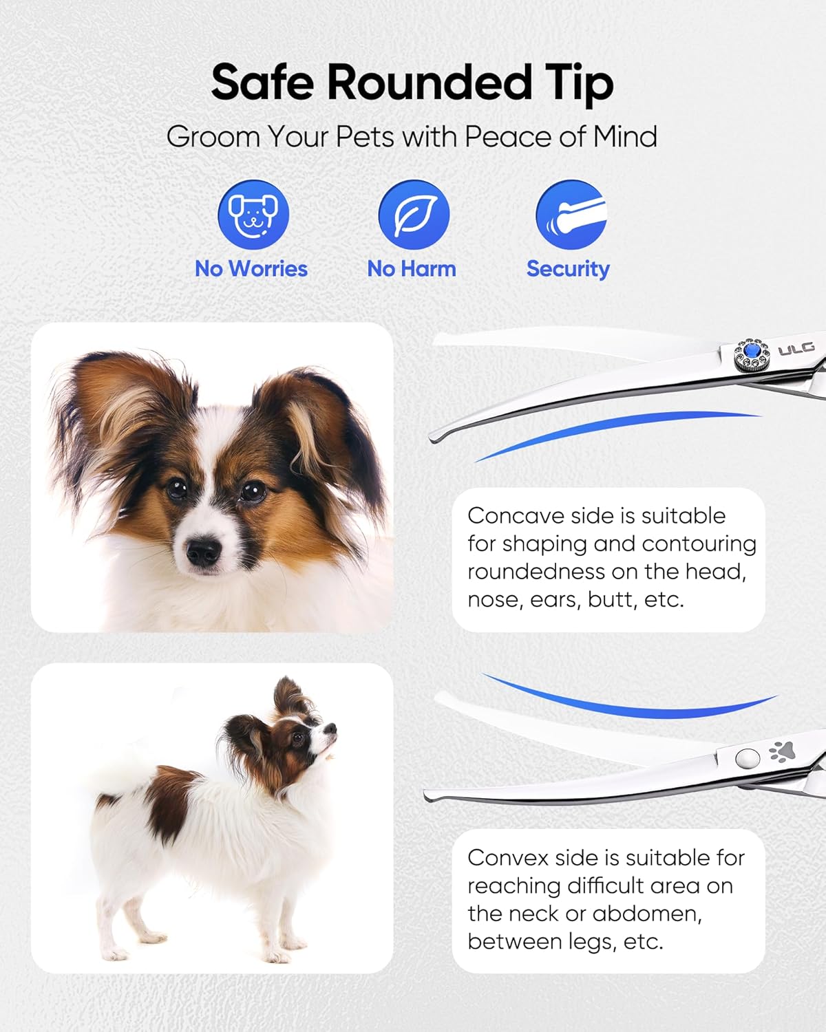 ULG 7.5" Curved, Compact Dog Grooming Scissors - Professional Pet Shears, Silver Stainless Steel