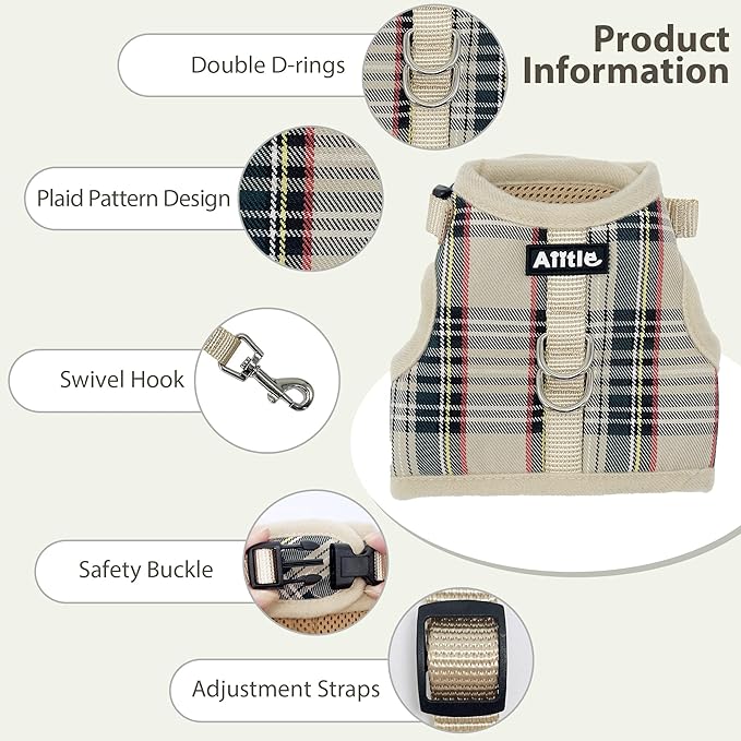 AIITLE Adjustable Bunny Harness & Leash Set - Soft Mesh Liner, Comfort Fit Plaid Pattern Vest with Magic Tape Design, Portable for Small Animal Pets Puppy Cat Rat Squirrel Ferret, Beige L