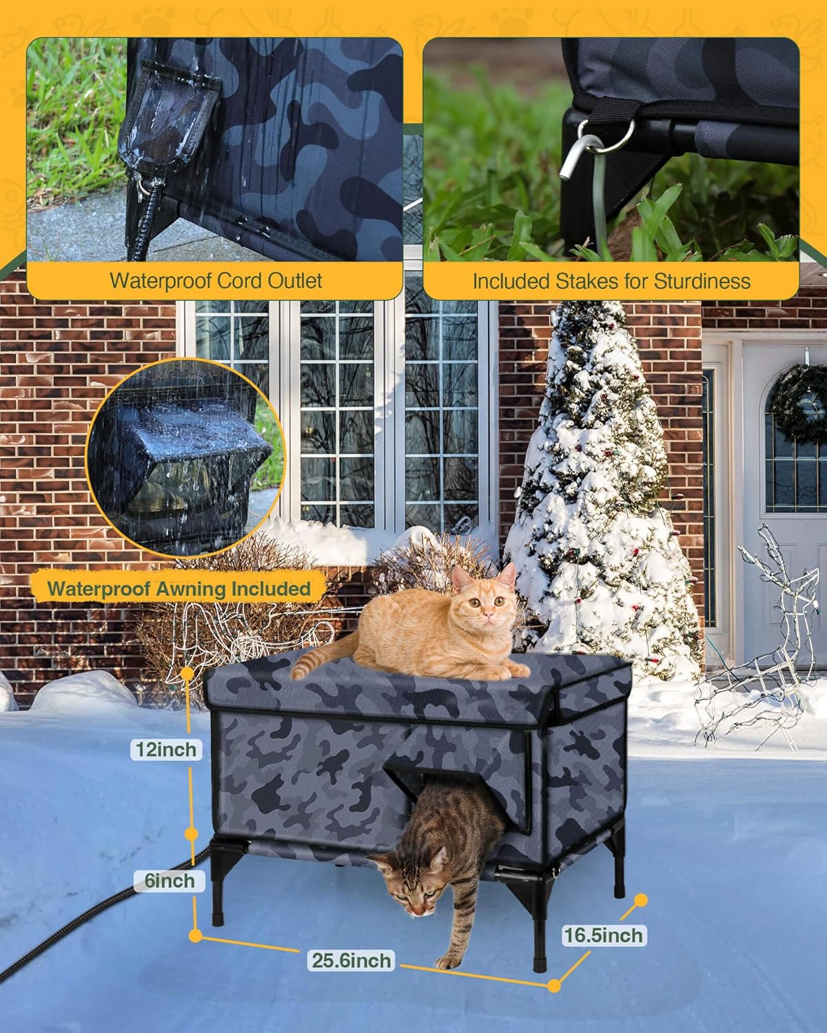 Premium Heated Cat House for Outside Cats, 100% Weatherproof & Windproof Escape Door, Elevated Base, Winter Insulated Feral Stray Outdoor Cat Shelter with Heater