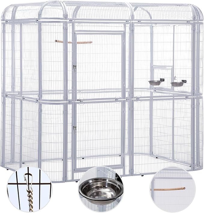 Large Walk-in Cage 87-inch Heavy Duty Bird Cage Outdoor Aviary Parrot Cage Wide Flight Metal Birdcage with Stand for Macaw Budgie Conure Lovebird Parakeet Cockatiel, 7.22x5.25x6.8ft, White