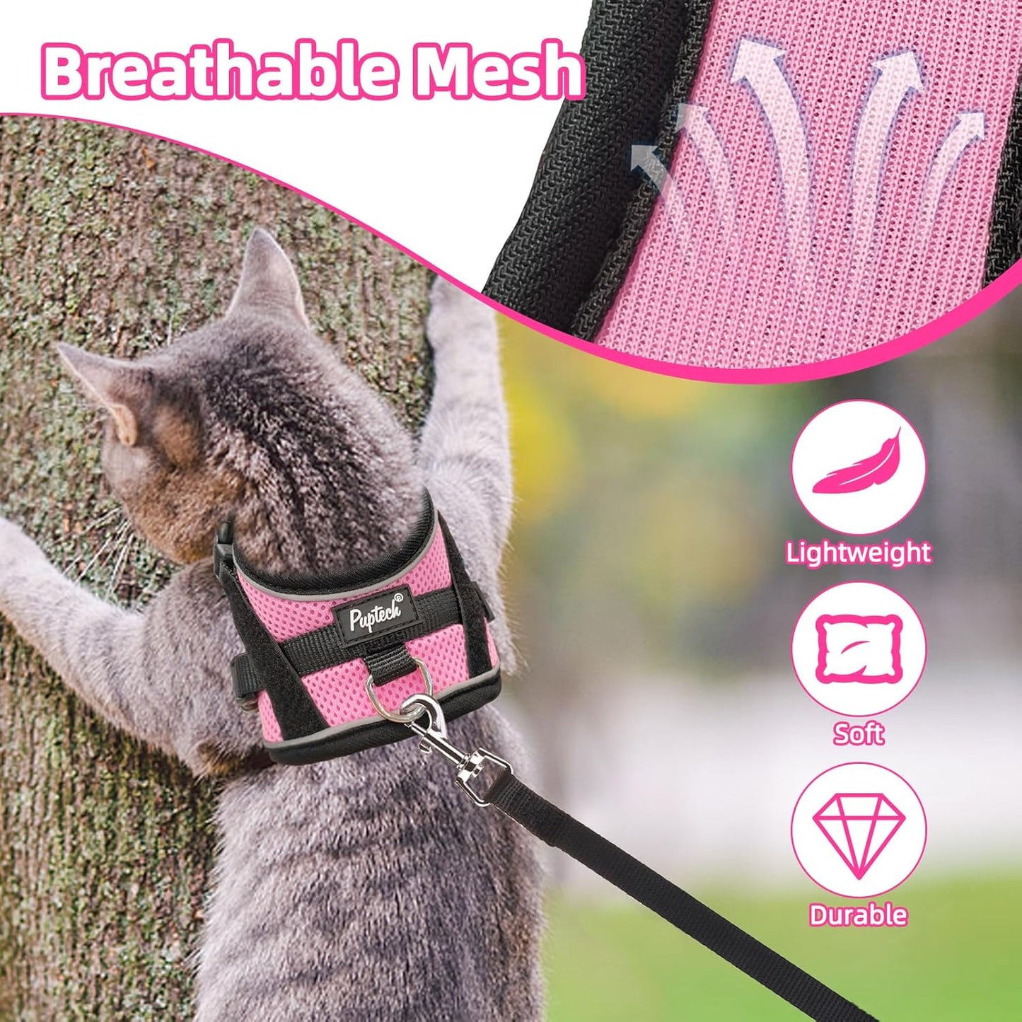 PUPTECK Cat Harness and Leash Set Escape Proof, Adjustable Reflective Kitten Jacket Easy Control, Pet Vest Harness for Cats Small Dogs Puppies Walking and Travel