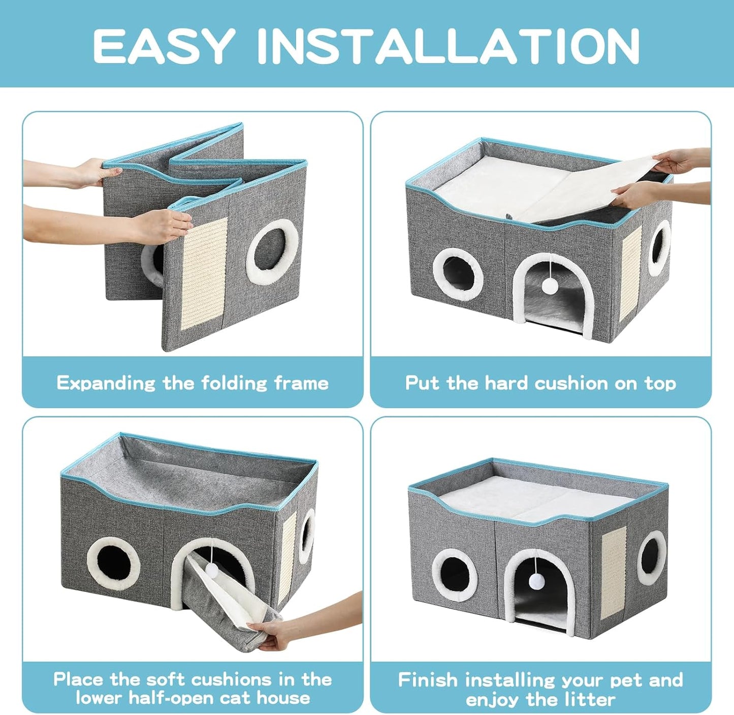 Large Cat Bed for Indoor Cats, Extra Wide Cat Cave House with Scratch Pad and Fluffy Ball, Foldable Cat Hideaway for Kitten Bed, Cat Condo for Cats (Grey, X-Large)