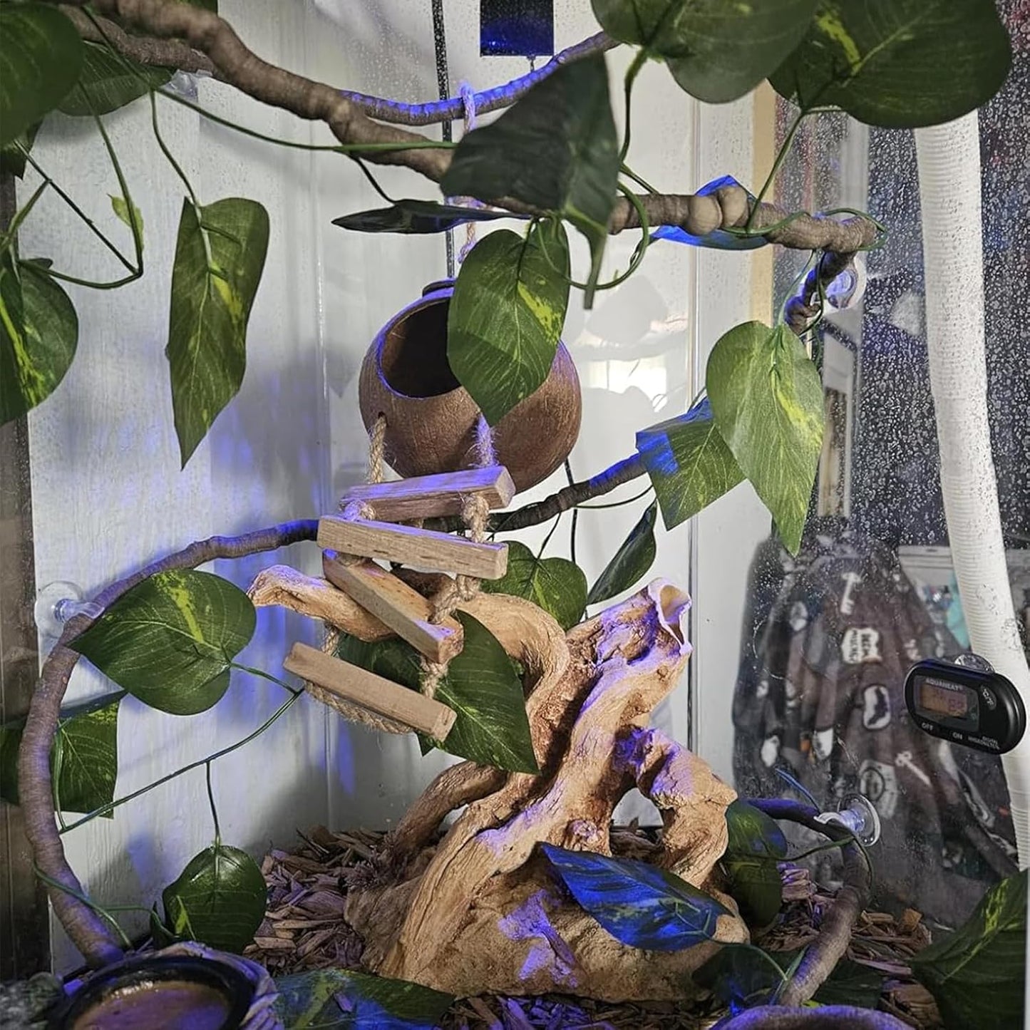 Crested Gecko Tank Accessories,Gecko Coconut Hut Hideout with Ladder Reptile Hammock Lizards Hanging Plants Flexible Climbing Jungle Vine Leaves Terrarium Decor