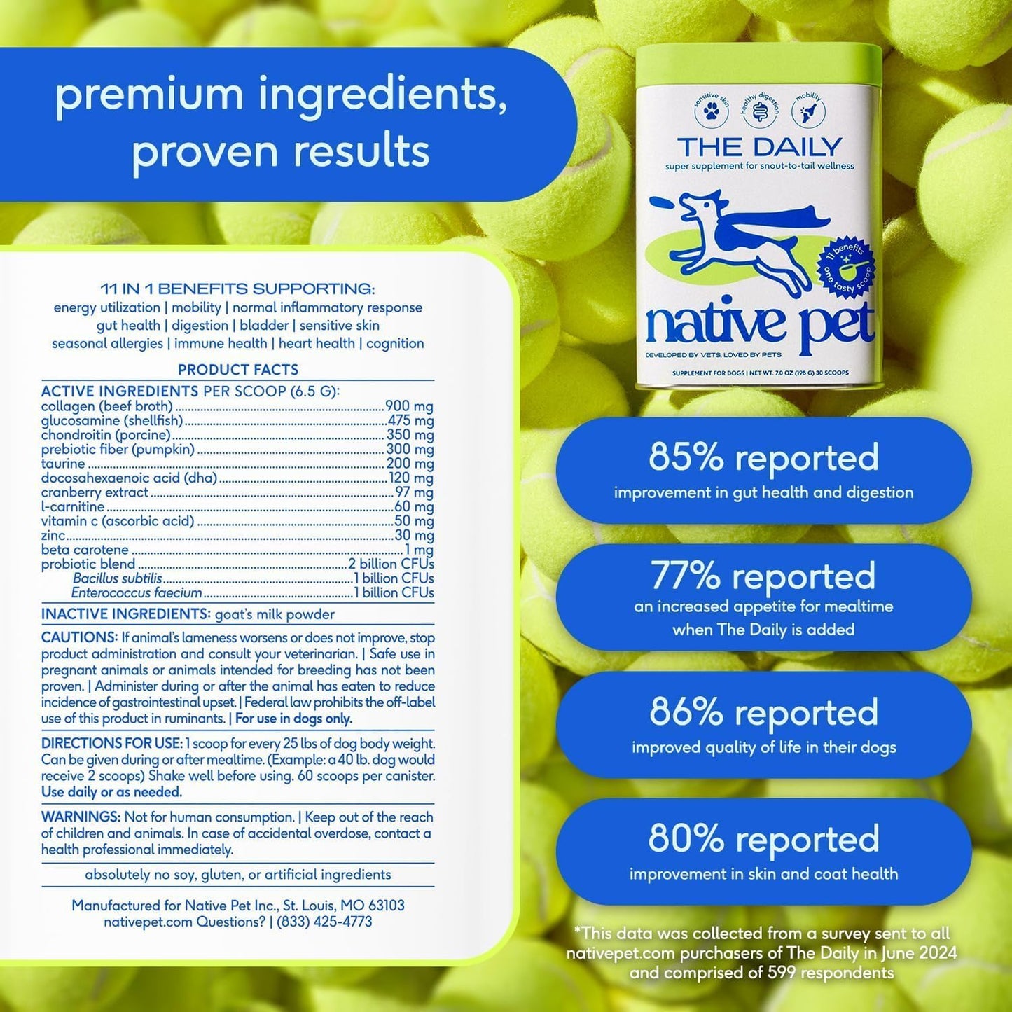 Native Pet Dog Vitamins & Supplements - 11-in-1 Vitamin Powder for Dog Food Topper - Collagen, Glucosamine, Probiotics, Omega & More- Supports Healthy Gut, Mobility & Overall Health - 60 Scoops