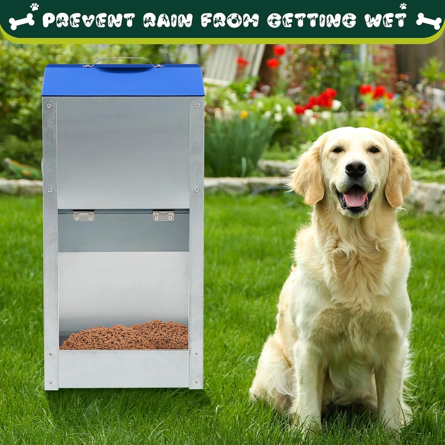 2 Pcs 25 Lbs Large Automatic Dog Feeders with Handle Acrylic Panel Galvanized Gravity Feeder Outdoor Hanging for Doggie Breed Dog Food Dispenser Container(Blue)
