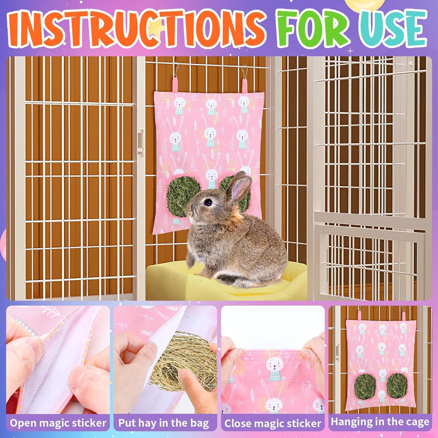 UPINS 2 Pack Hay Bag for Rabbits, Guinea Pig Hay Bag for Guinea Pig Cage Hay Feeder for Bunny Rabbits Chinchillas Hamsters Small Pets and Animals