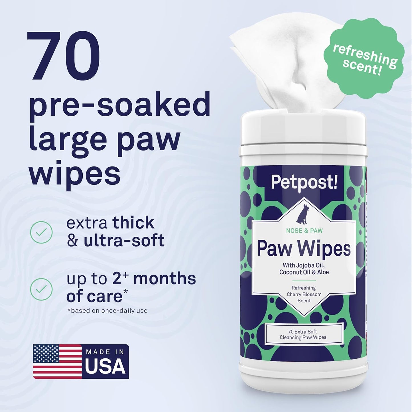 Petpost Large Paw Wipes for Dogs | 70 Count Dog Paw Cleaner Wipes with Coconut Oil, Jojoba Oil & Aloe | Gentle Pet Wipes for Paws | Ultra Soft Cotton Pads, Cherry Blossom Scent