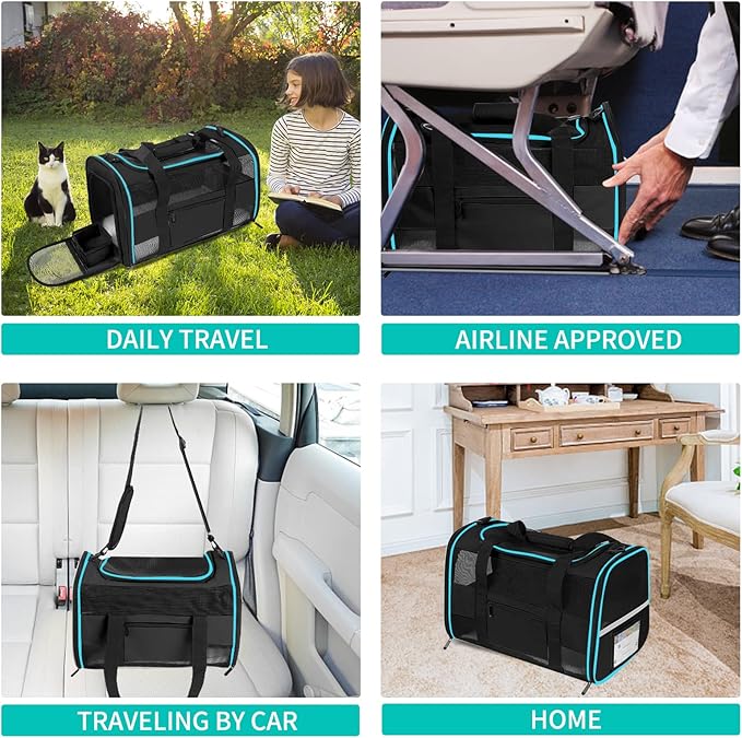 Cat Carrier Pet Carrier Airline Approved for Small Dogs Cats Puppies Collapsible Soft Sided Dog Travel Carrier Bag with Reflective Strip, Black