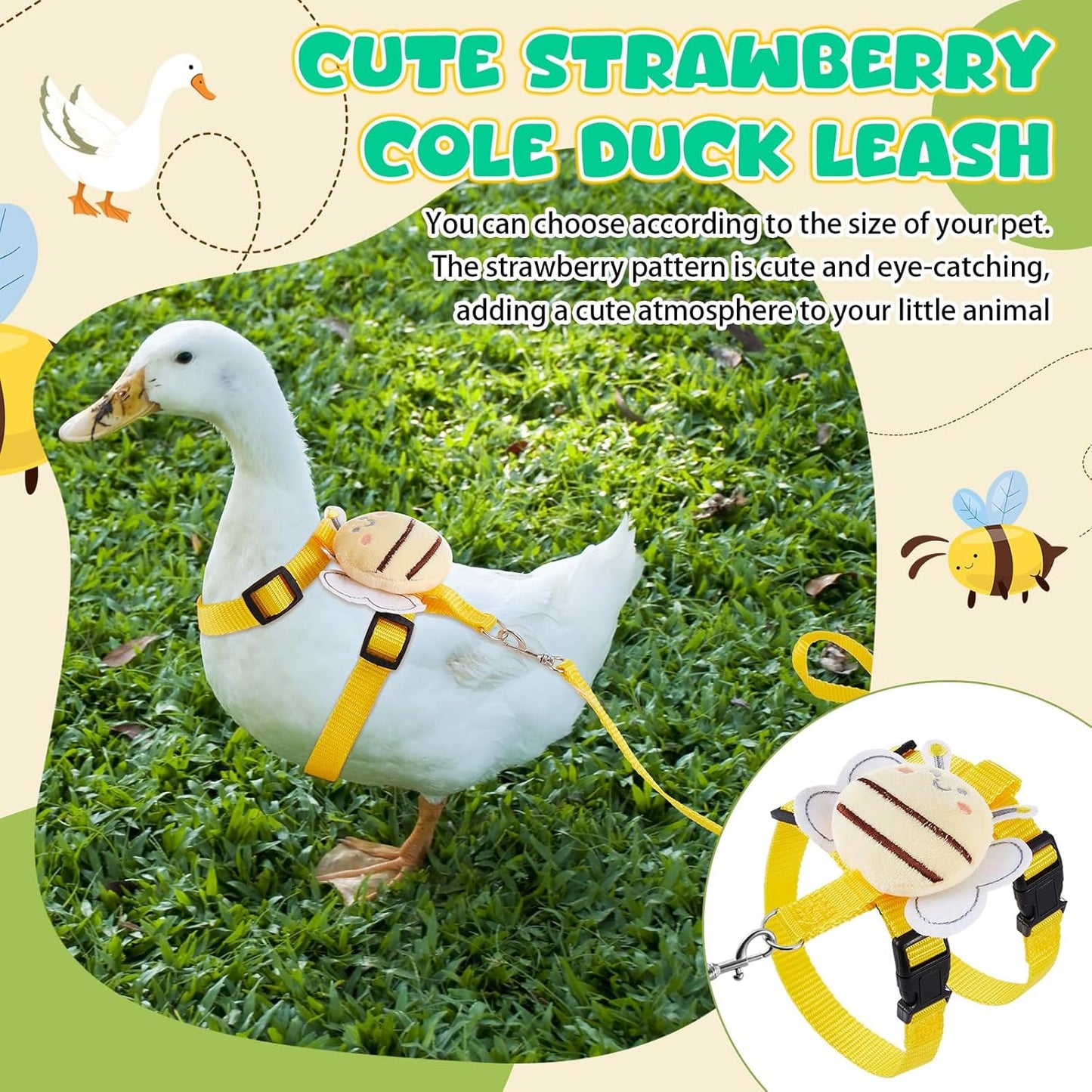 Duck Harness Leash Set Duck Harness and Leash for Real Ducks Adjustable Walking Rope Pet Cute Pattern Outdoor Traction Rope for Chicken Rabbit Small Animals(M,Bee)
