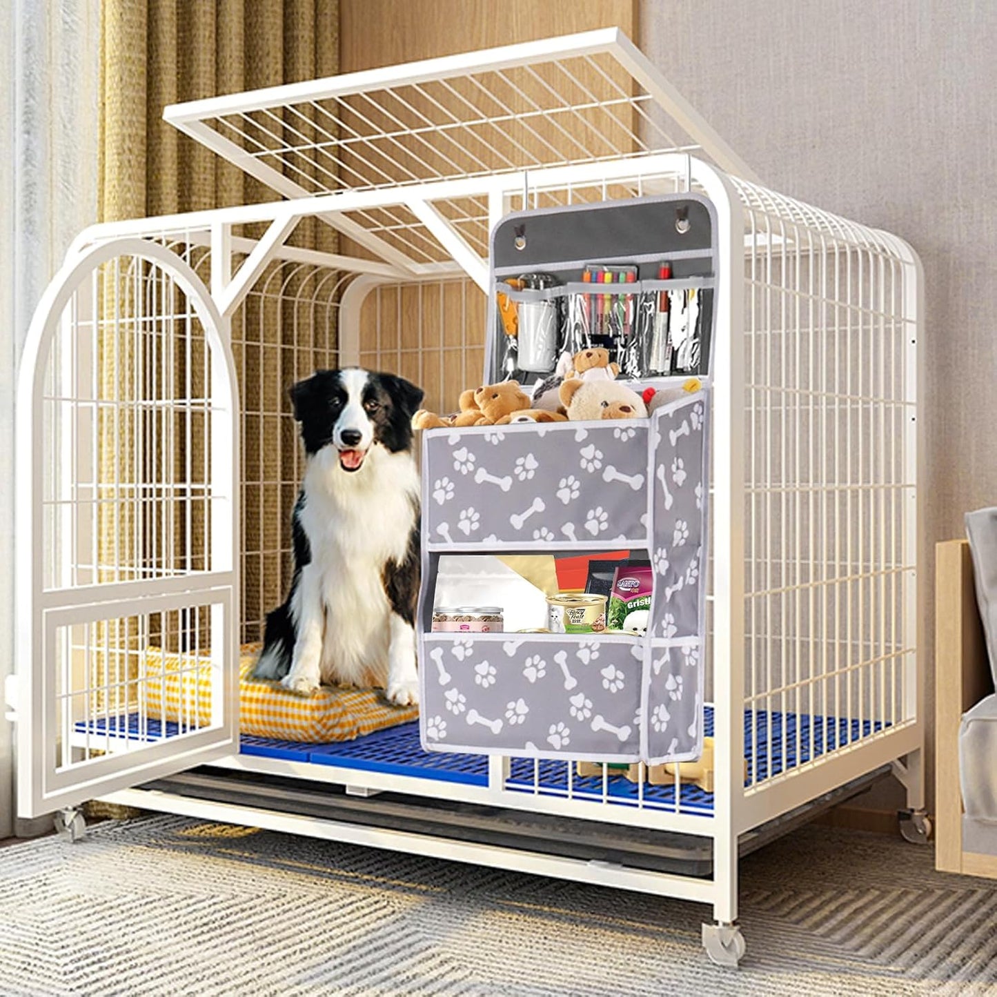 Dog Toy Basket - 5-Shelf Hanging Organizer with 2 Metal Hooks, 5 Pockets for Dog Leash, Harness, Toys & Treats - 62.5''(H) Bone Claw Print